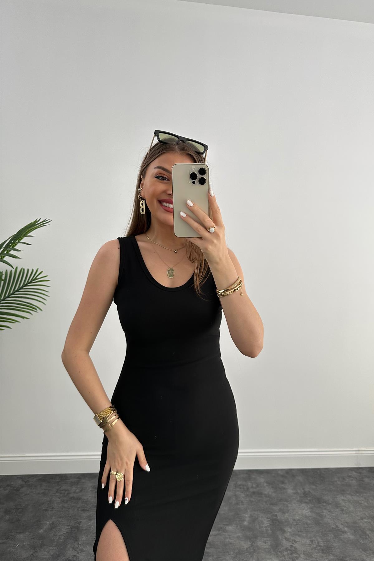 Özel Seri Ottoman Kumaş Yırtmaçlı  Basic Kalem Elbise Siyah