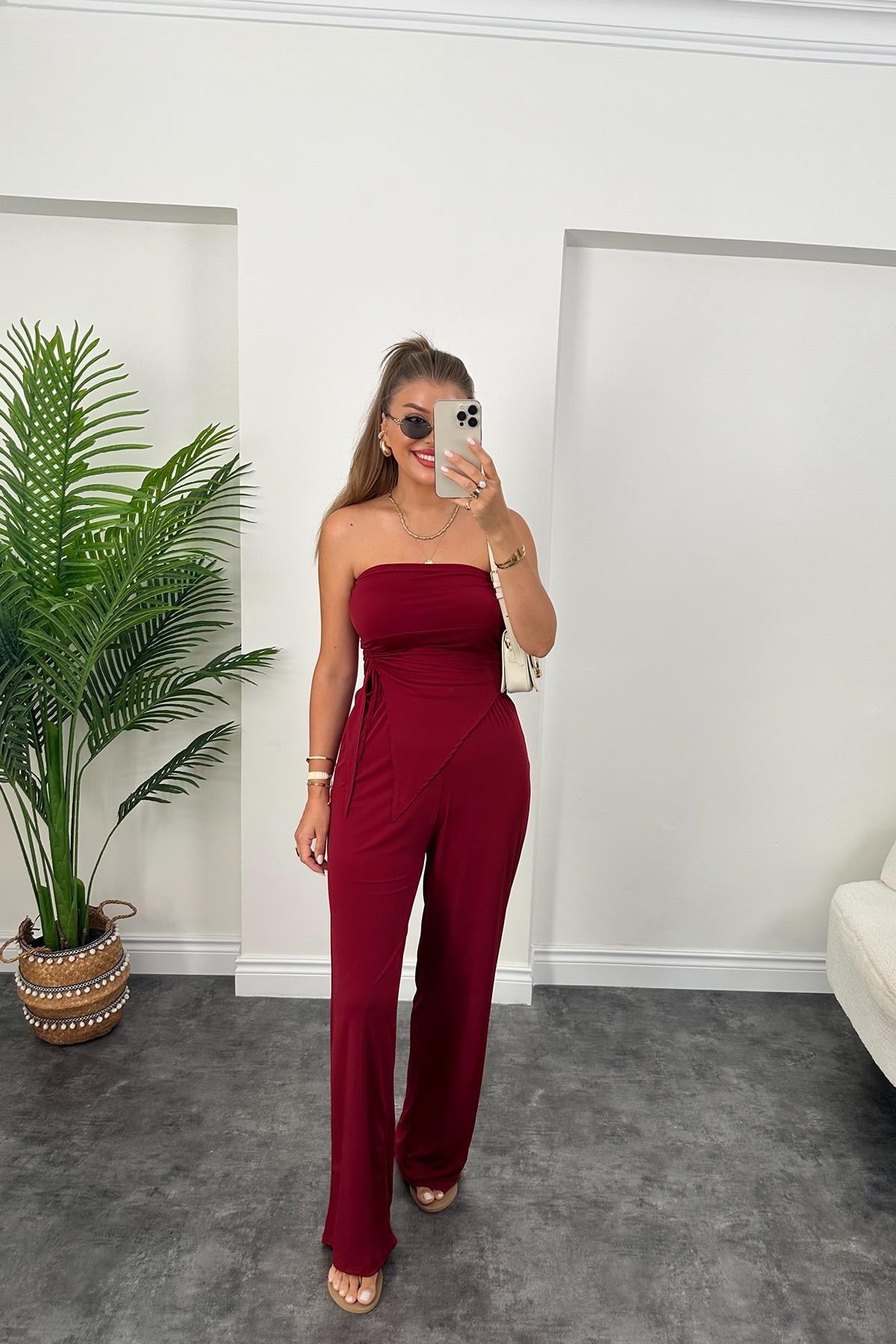 Palazzo Straplez Bluz Likralı Sanddy Takım Bordo