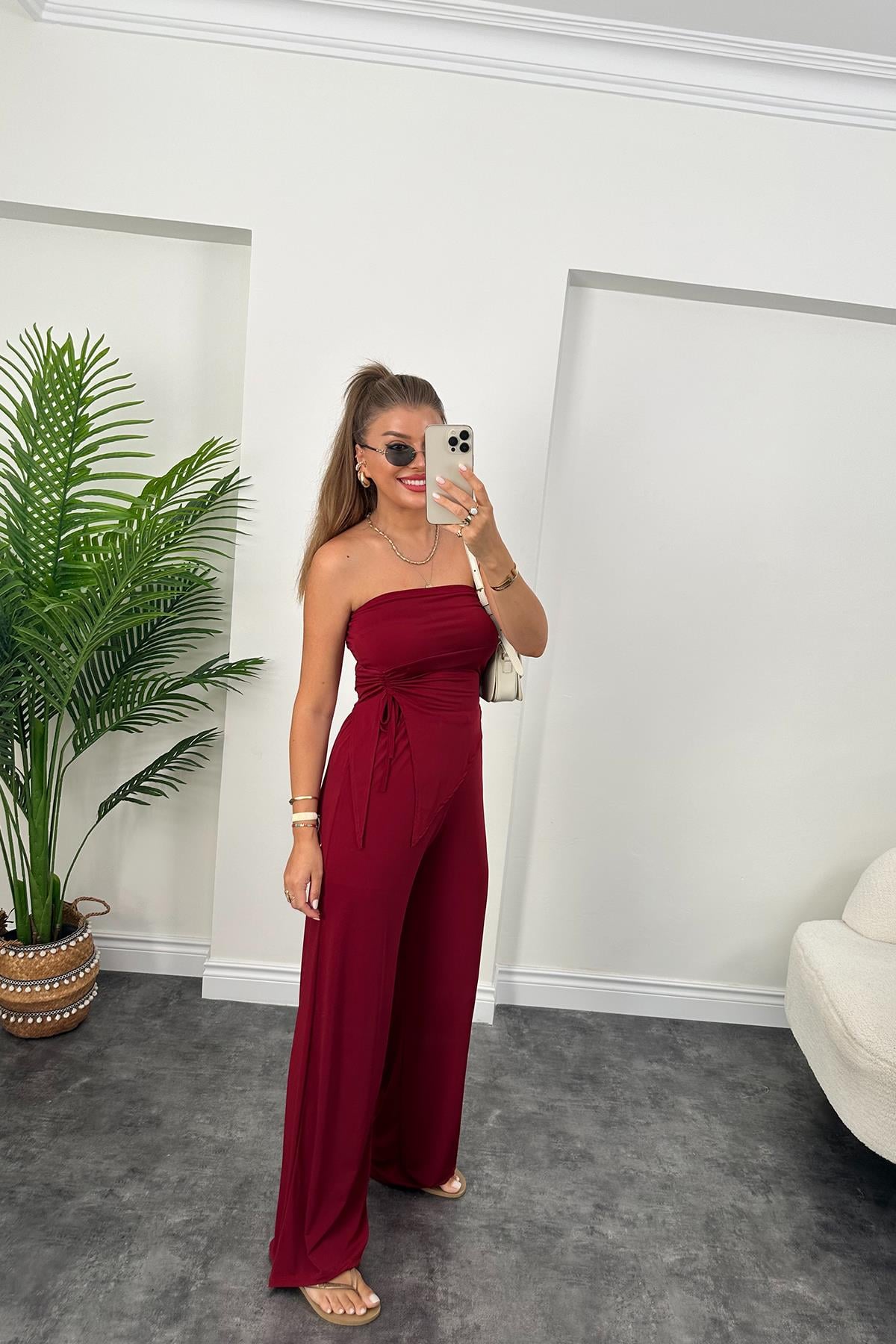 Palazzo Straplez Bluz Likralı Sanddy Takım Bordo
