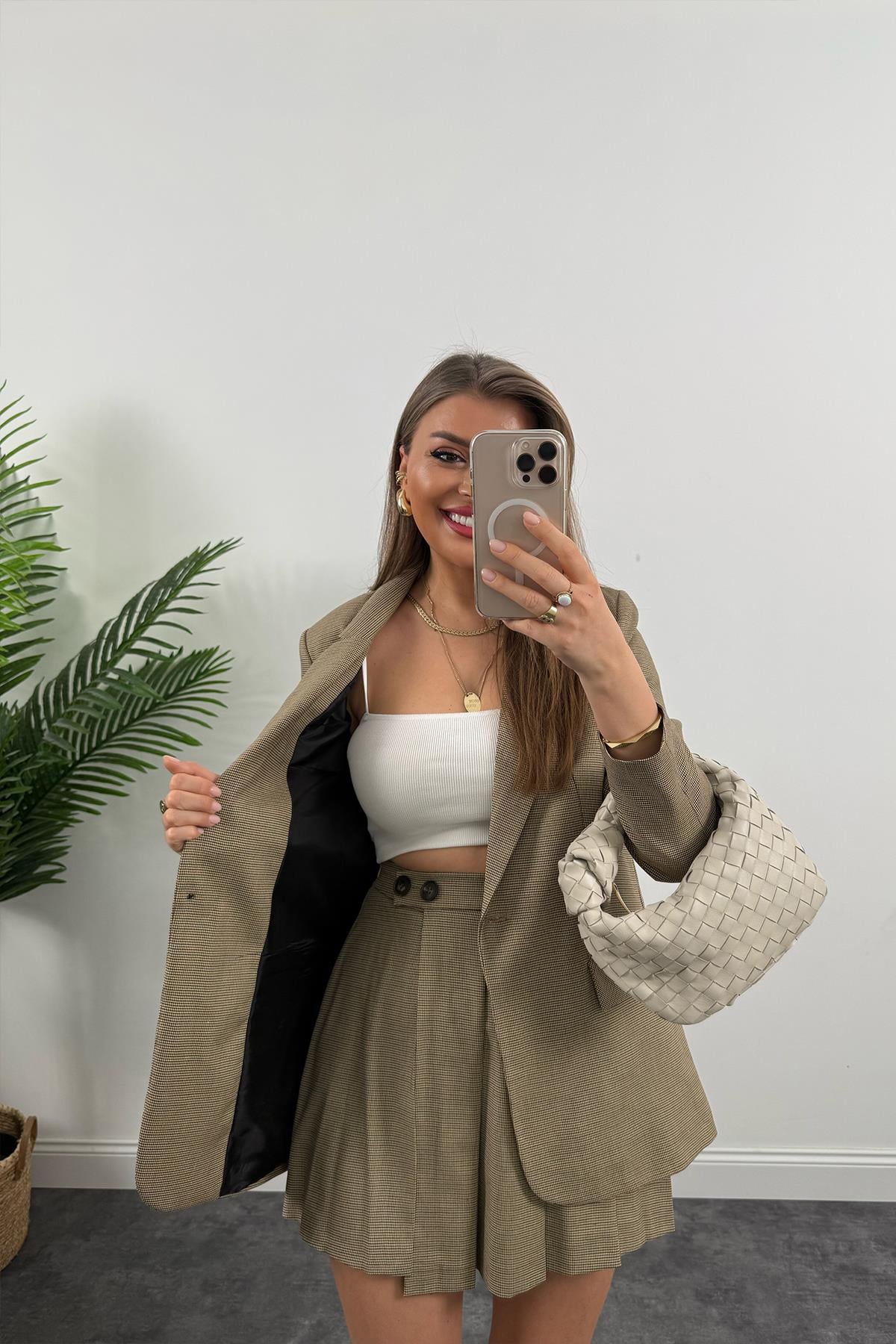 Perry Premium Şort Etek Blazer Ceket Ekoseli Takım