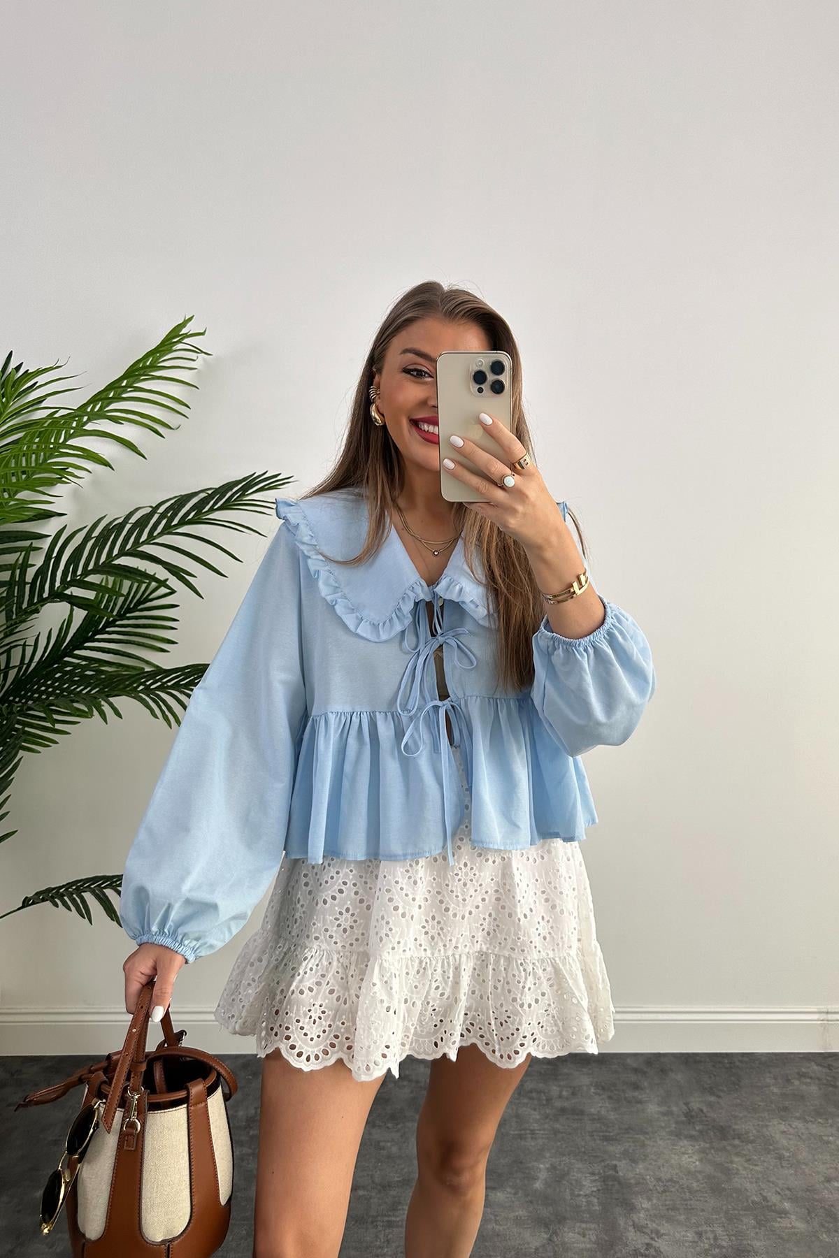 Pinterest Model Bebe Yaka Romantik Gömlek Tatlı Mavi