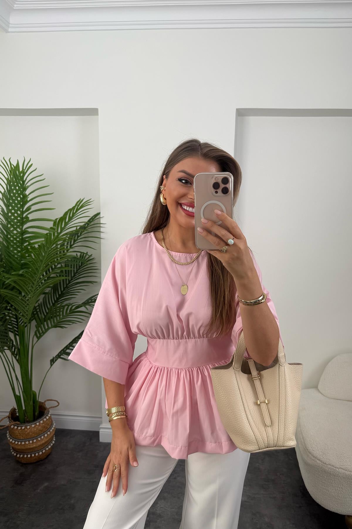 Pinterest Model Kimono Kol Pamuk Poplin Bluz Pembe