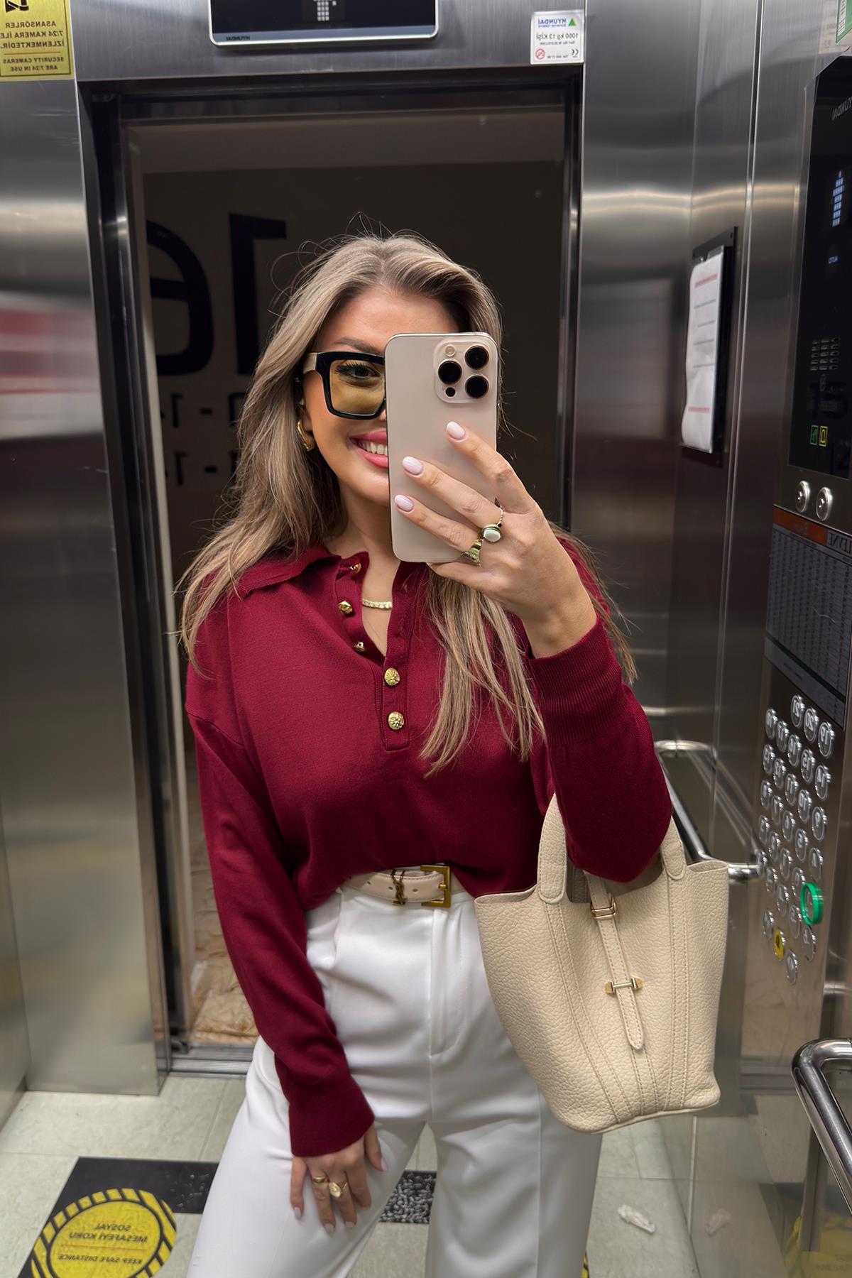 Polo Yaka Gold Düğmeli Basic Triko Bordo