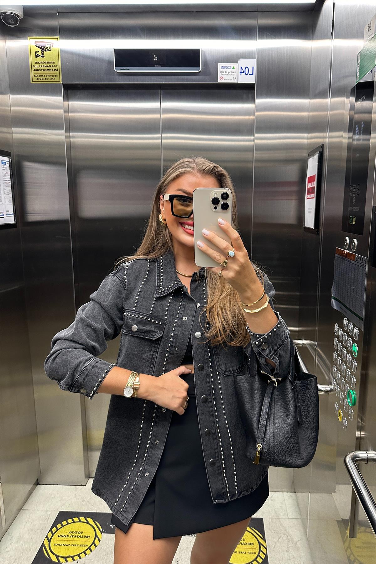 Premium Jean Seri Zımbalı Tasarım Jean Ceket Antrasit