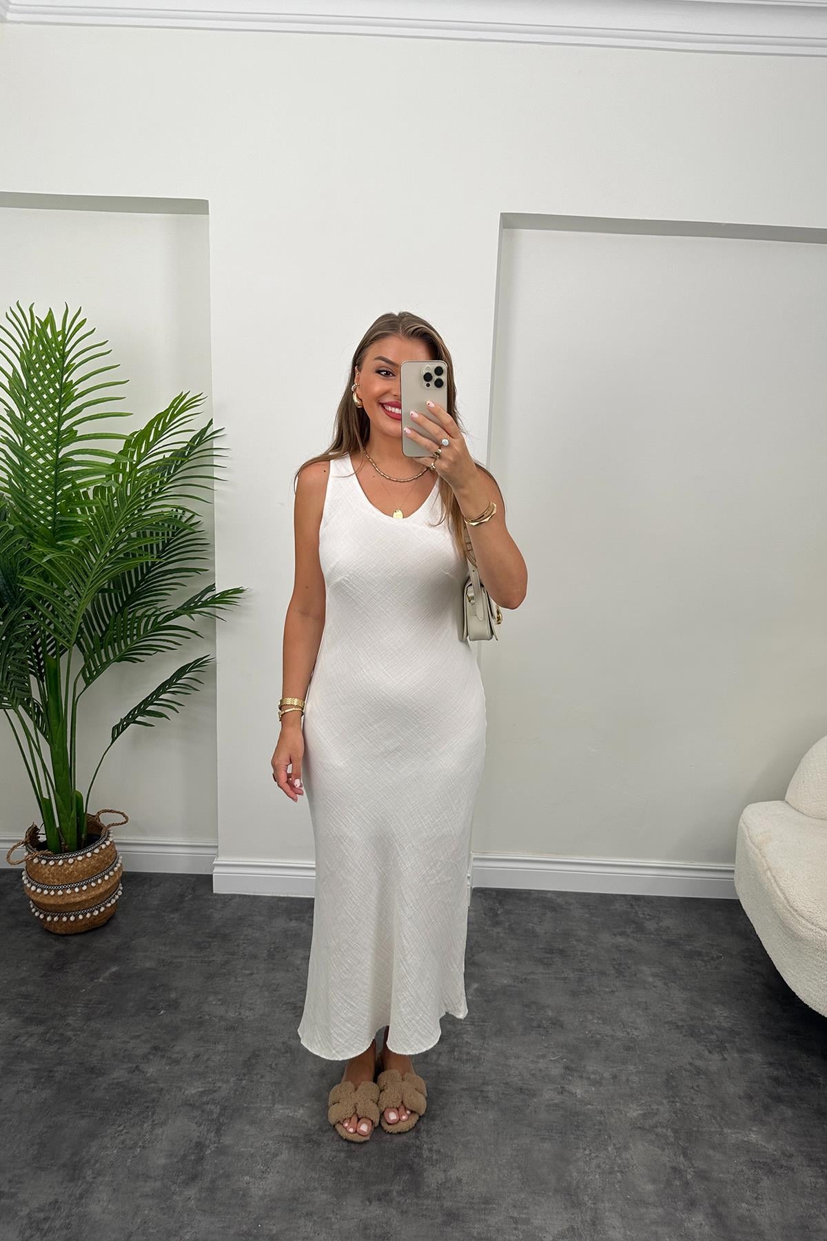 Premium Kalite %100 Pamuk Keten Astarlı Basic Maxi Elbise Beyaz