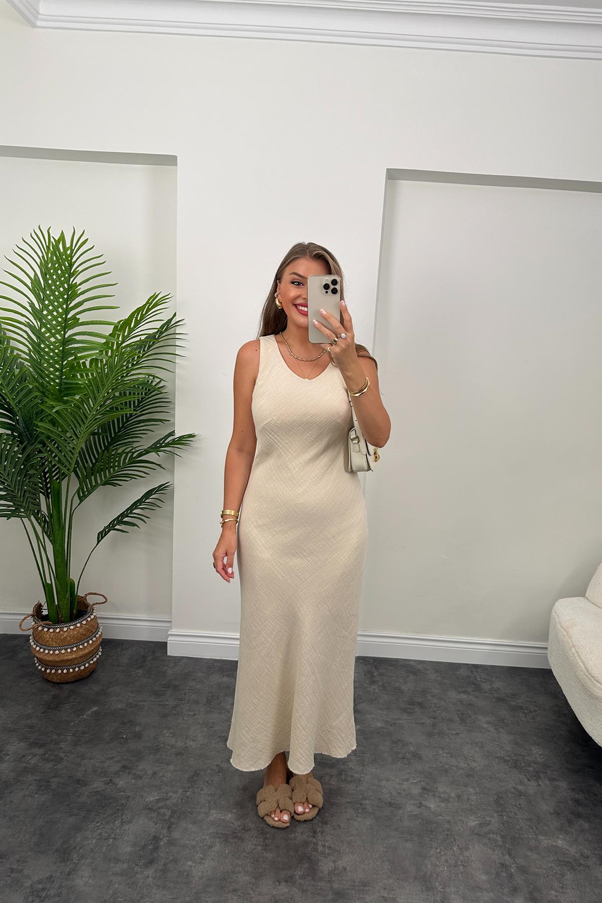 Premium Kalite %100 Pamuk Keten Astarlı Basic Maxi Elbise Taş
