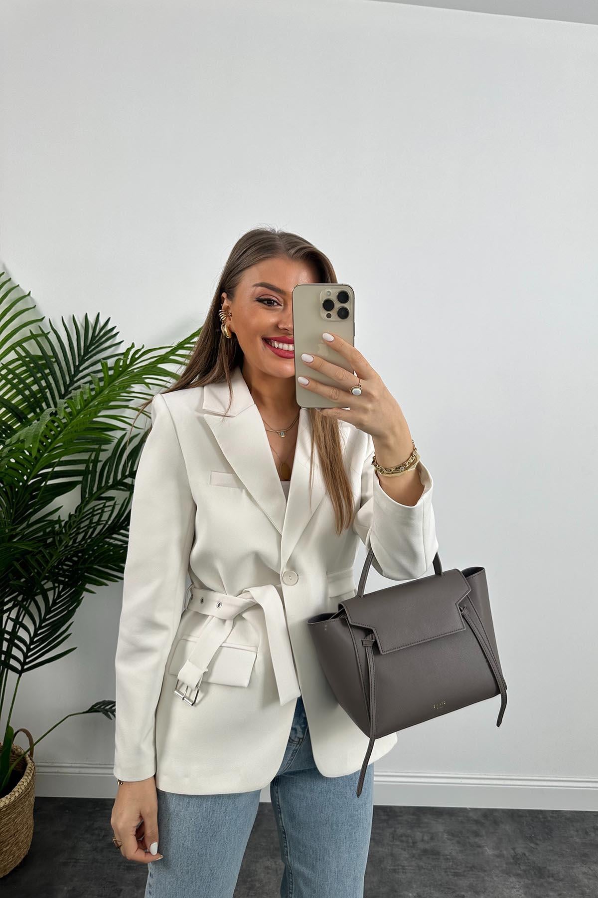 Premium Kalite Kemerli Astarlı Double Kalın Kumaş Blazer Ceket Beyaz