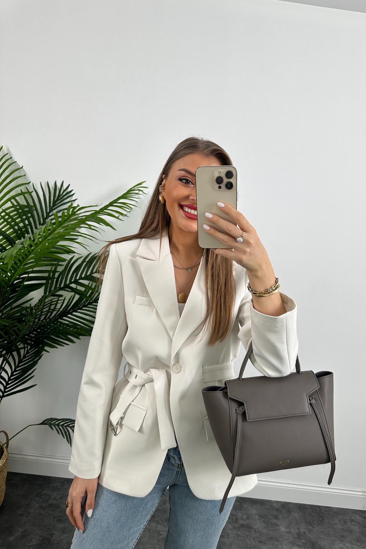 Premium Kalite Kemerli Astarlı Double Kalın Kumaş Blazer Ceket Beyaz