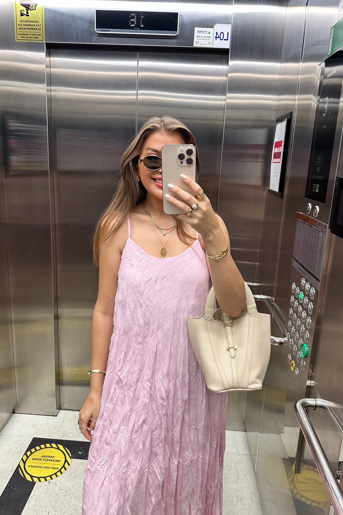 Premium Kalite Kırışık Kumaş Astarlı Tensel Elbise Pembe