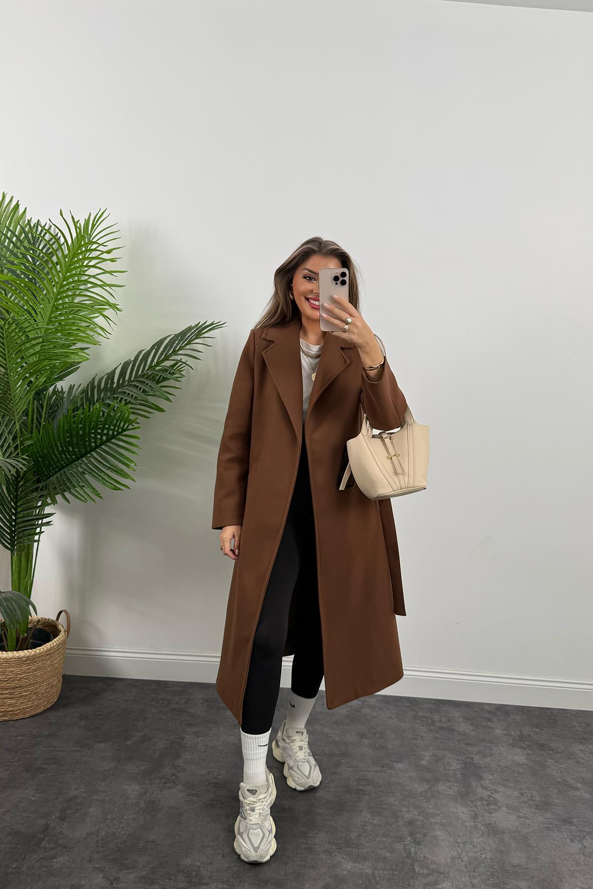 Premium Kalite Kuşaklı Basic Kaşe Kaban Kahverengi