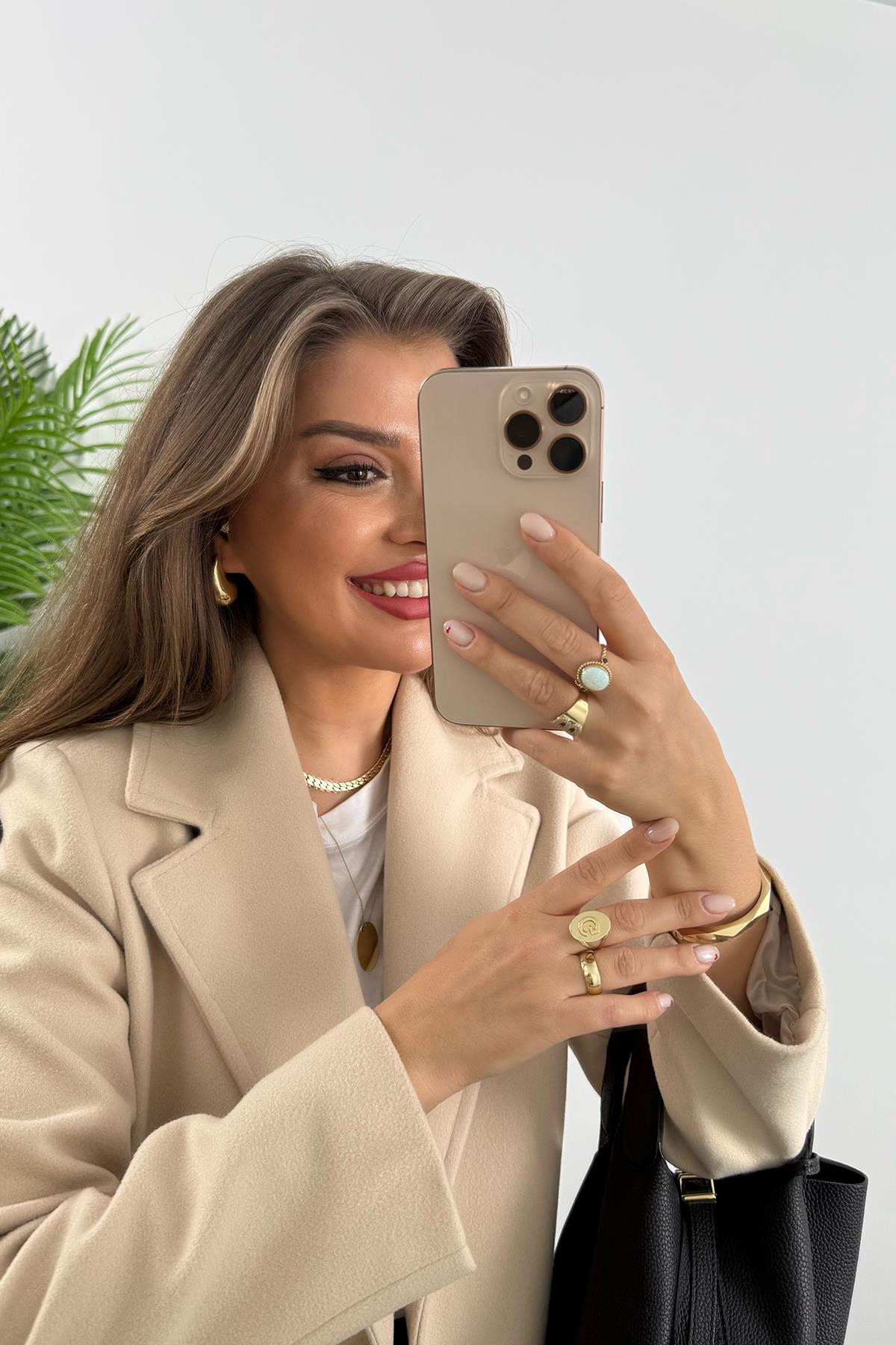 Premium Kalite Kuşaklı Basic Kaşe Kaban Taş