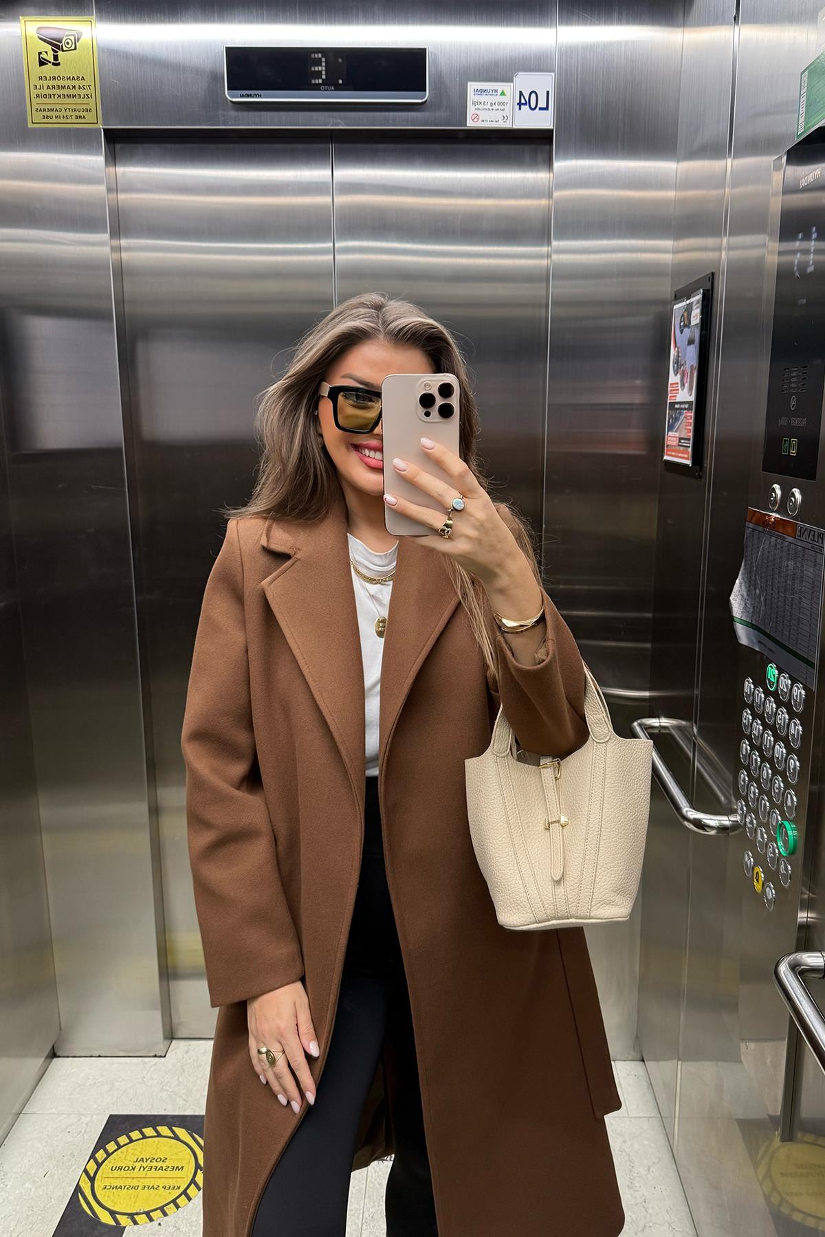 Premium Kalite Kuşaklı Basic Kaşe Kaban Kahverengi