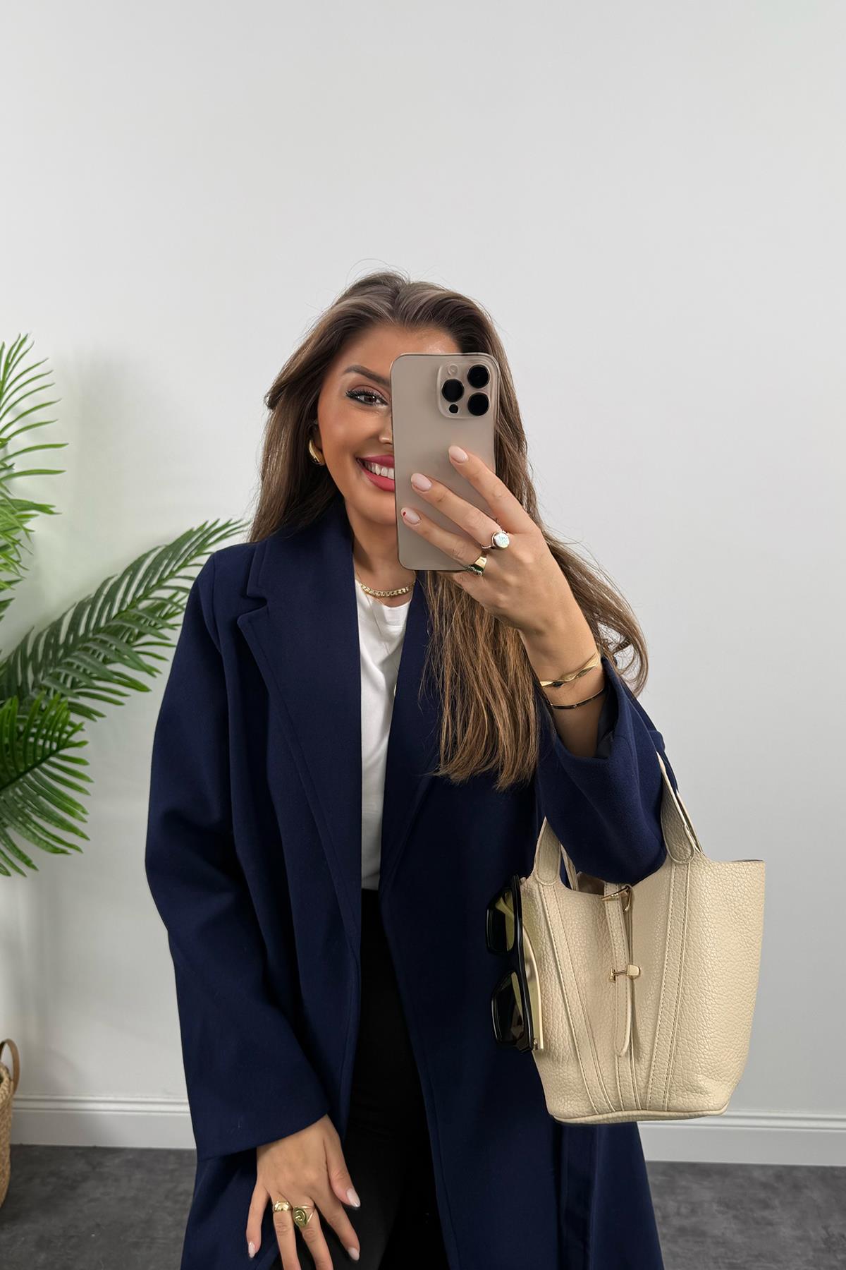 Premium Kalite Kuşaklı Basic Kaşe Kaban Lacivert 