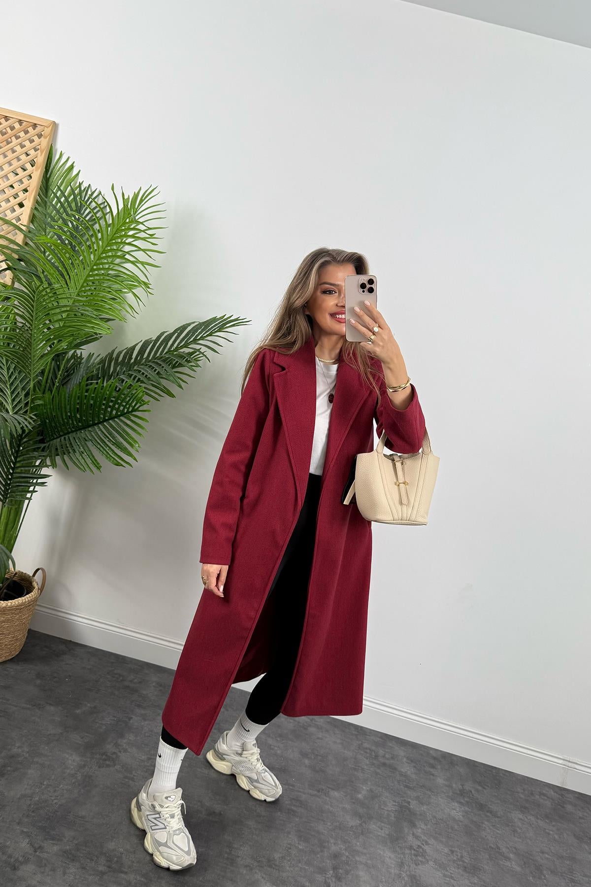 Premium Kalite Kuşaklı Basic Kaşe Kaban Bordo