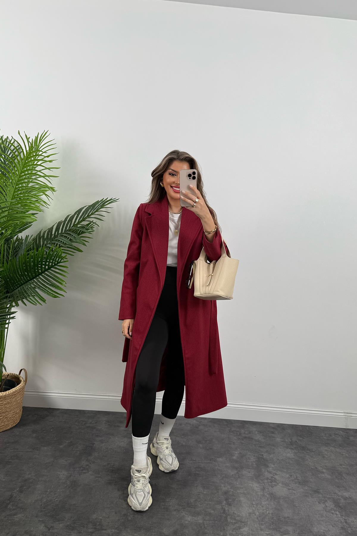 Premium Kalite Kuşaklı Basic Kaşe Kaban Bordo