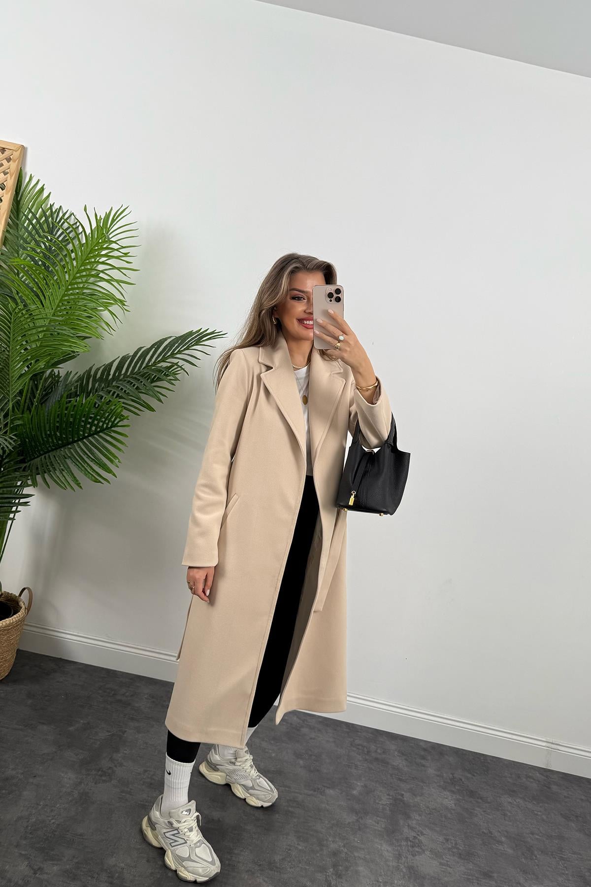 Premium Kalite Kuşaklı Basic Kaşe Kaban Taş