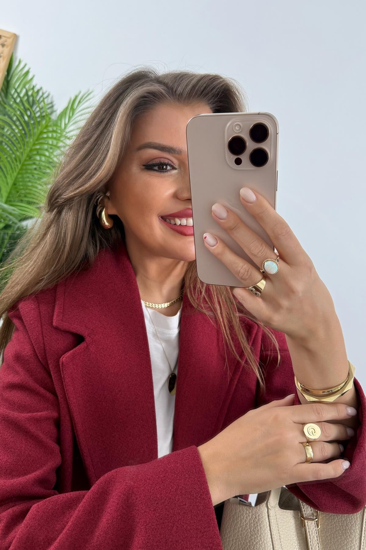 Premium Kalite Kuşaklı Basic Kaşe Kaban Bordo