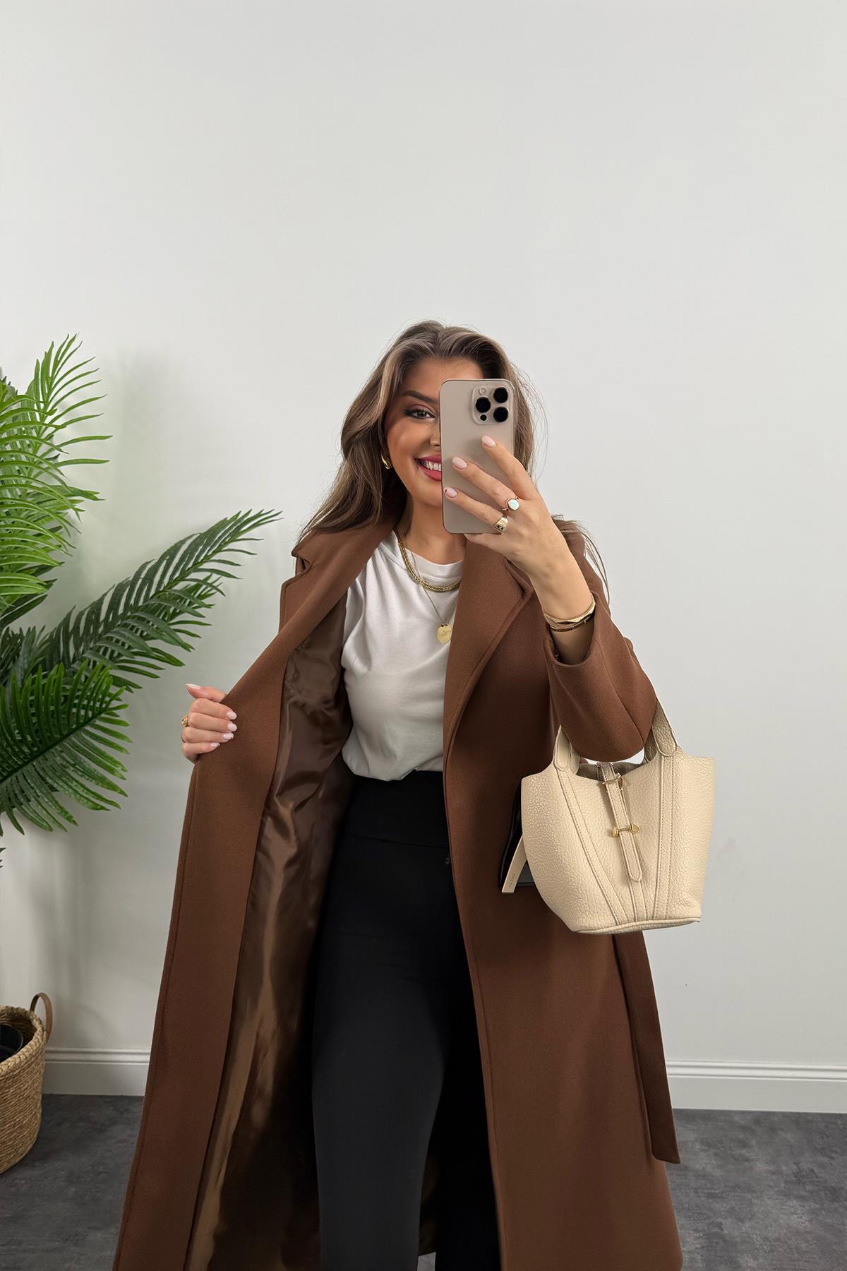 Premium Kalite Kuşaklı Basic Kaşe Kaban Kahverengi