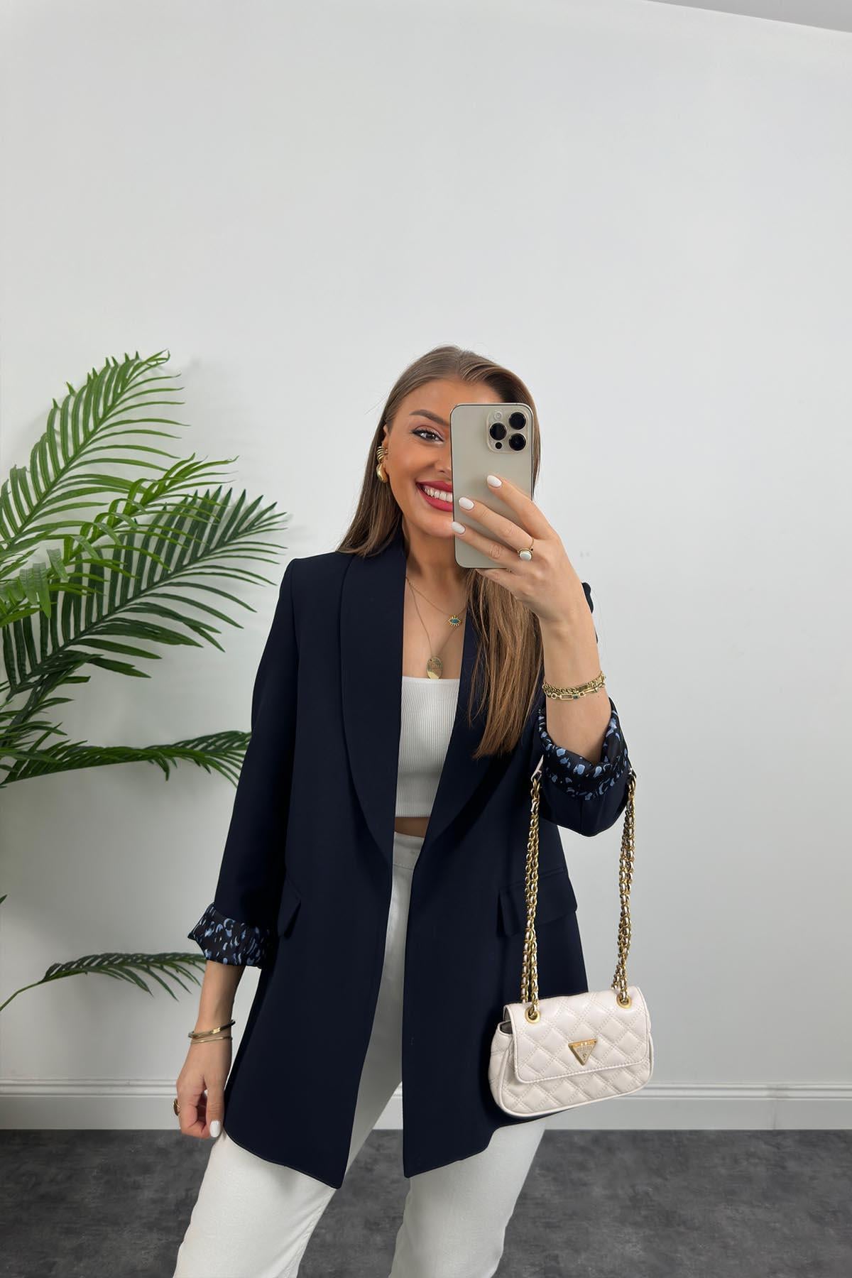 Premium Kalite Leopar Astarlı Double Kumaş Blazer Ceket Lacivert