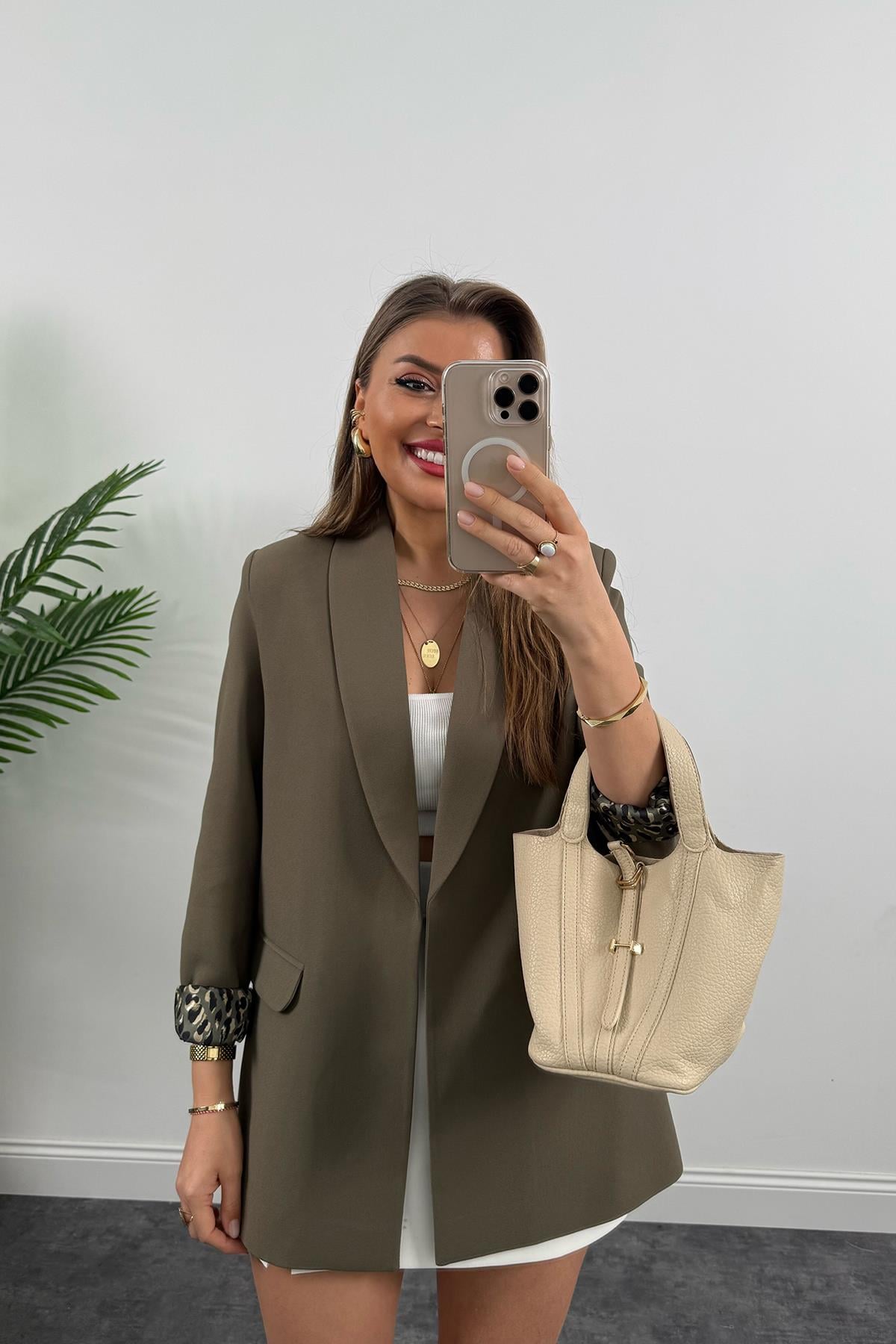 Premium Kalite Leopar Astarlı Double Kumaş Blazer Ceket Koyu Haki