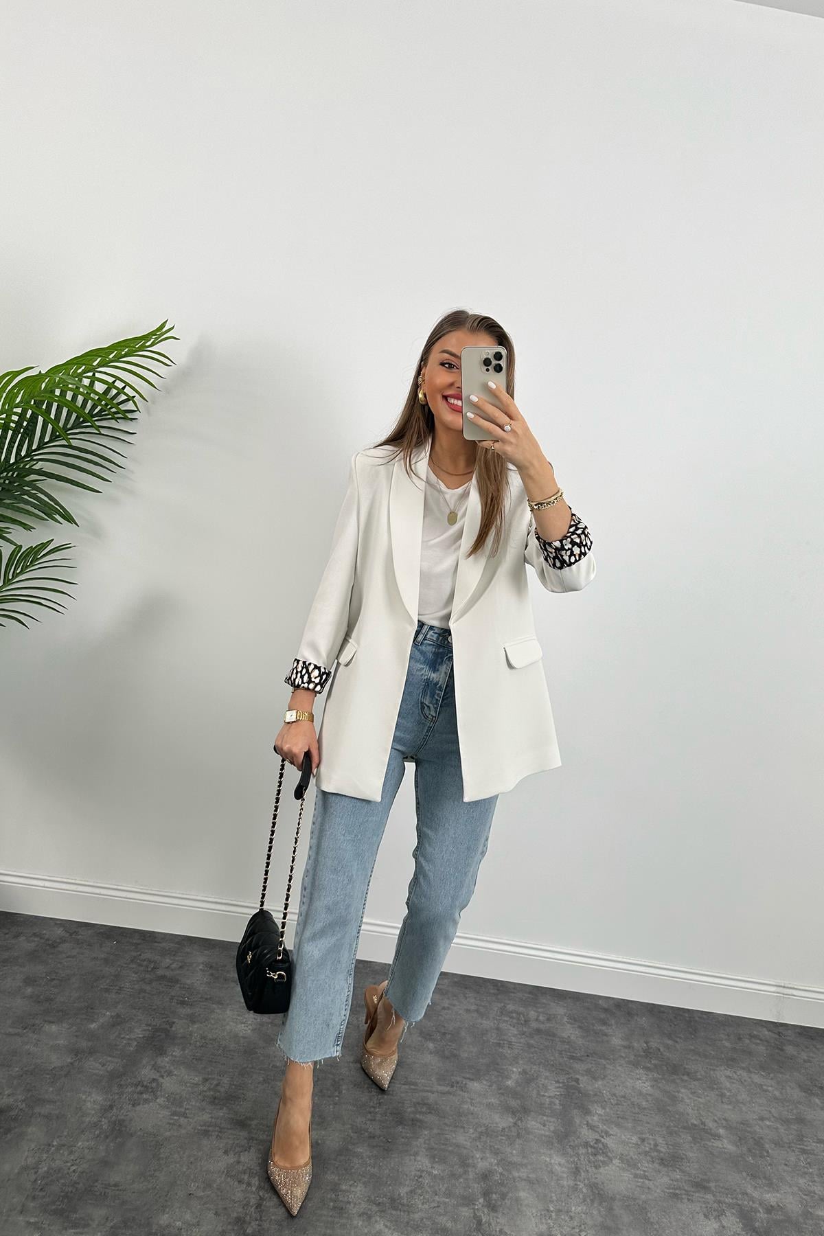 Premium Kalite Leopar Astarlı Double Kumaş Blazer Ceket Beyaz