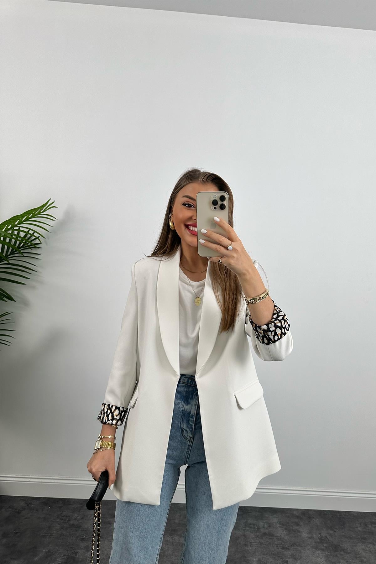 Premium Kalite Leopar Astarlı Double Kumaş Blazer Ceket Beyaz
