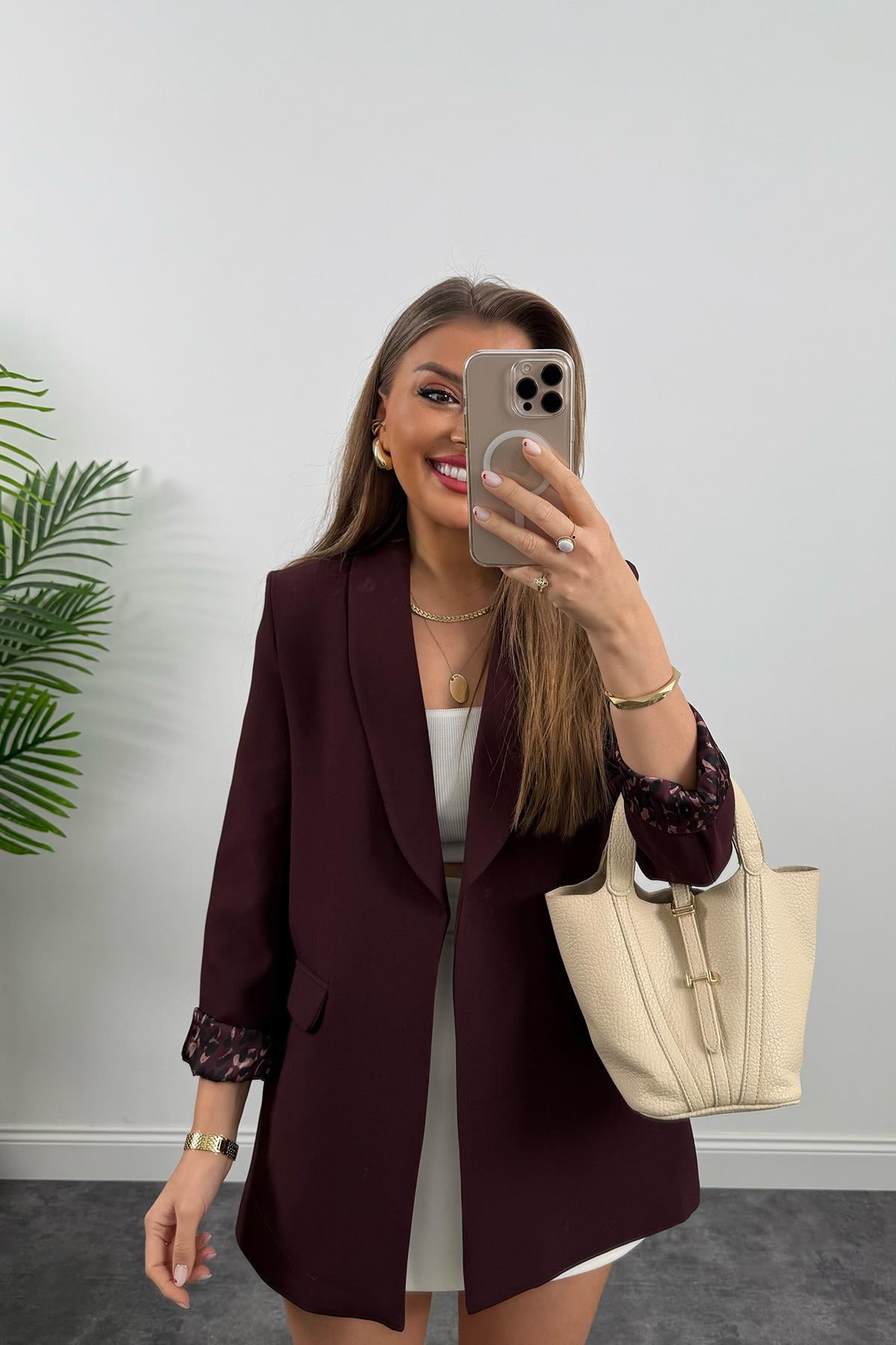 Premium Kalite Leopar Astarlı Double Kumaş Blazer Ceket Mürdüm Bordo