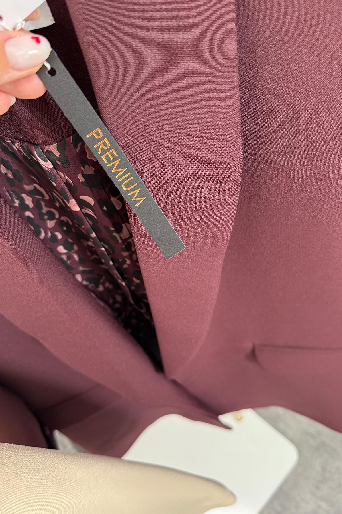 Premium Kalite Leopar Astarlı Double Kumaş Blazer Ceket Mürdüm Bordo