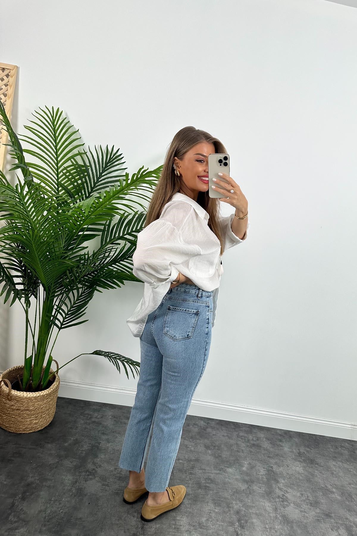 Premium Kalite Paçası Kesik Toparlayıcı Boyfit Jean 520 Mavi  1001