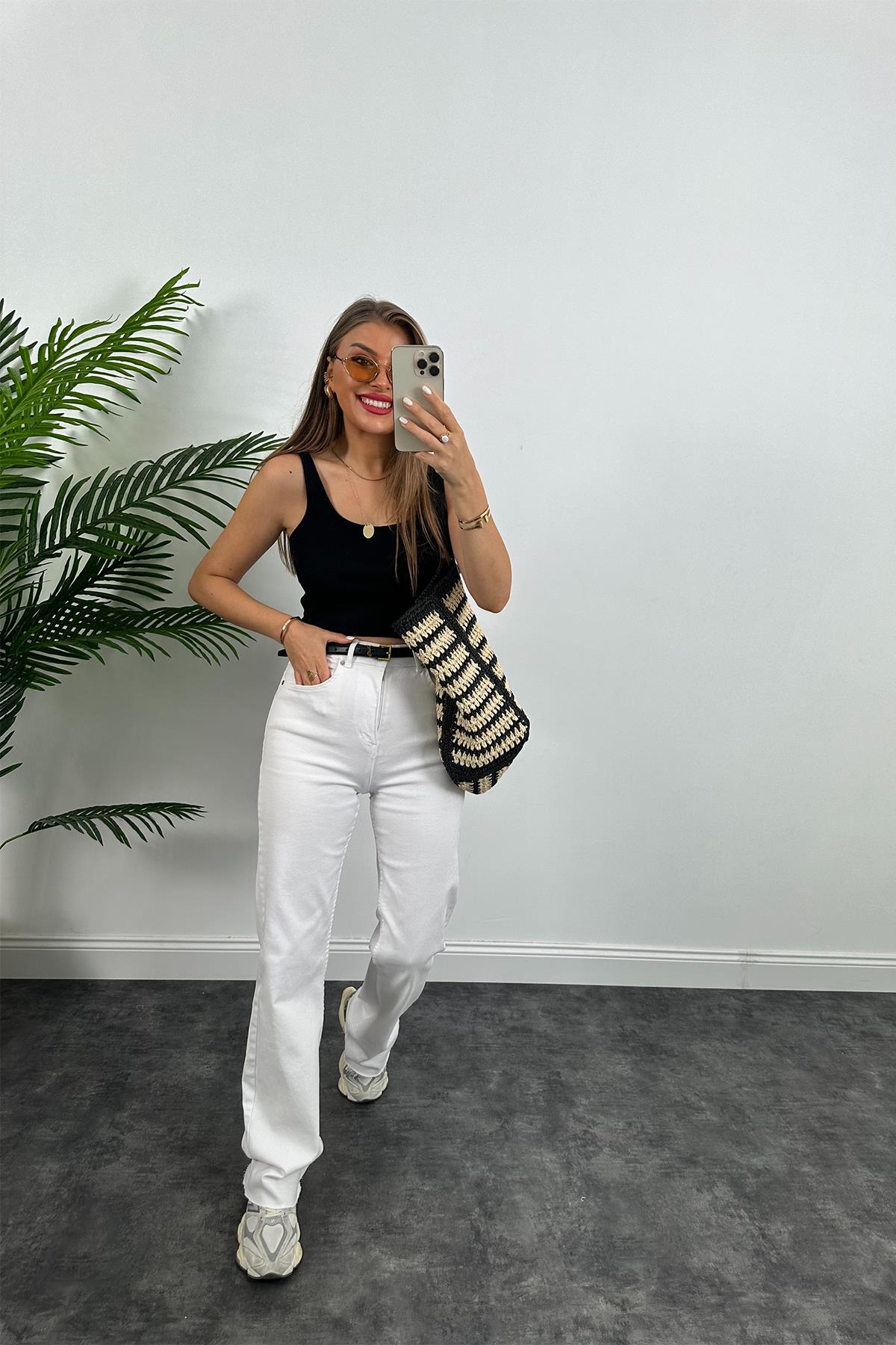 Premium Kalite Tam Pamuklu Likralı Straight Jean Beyaz