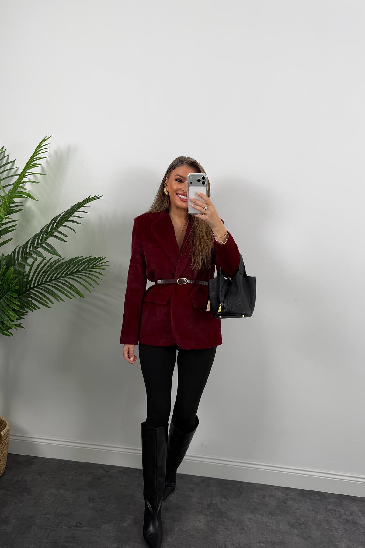 Premium Kalite Tay Tüyü Blazer Bordo