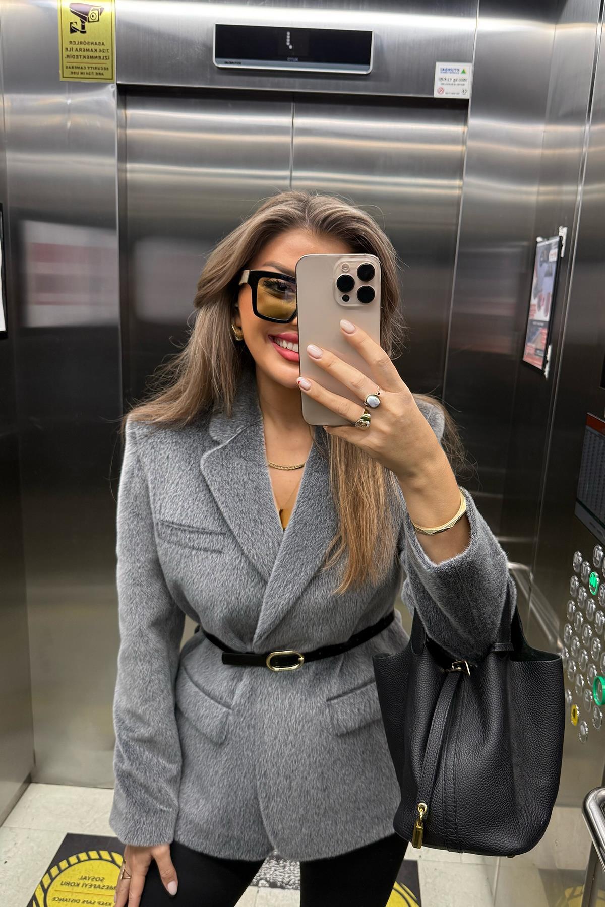 Premium Kalite Tay Tüyü Blazer Gri 