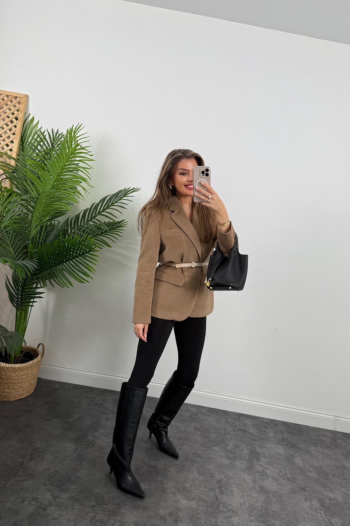 Premium Kalite Tay Tüyü Blazer Koyu Vizon