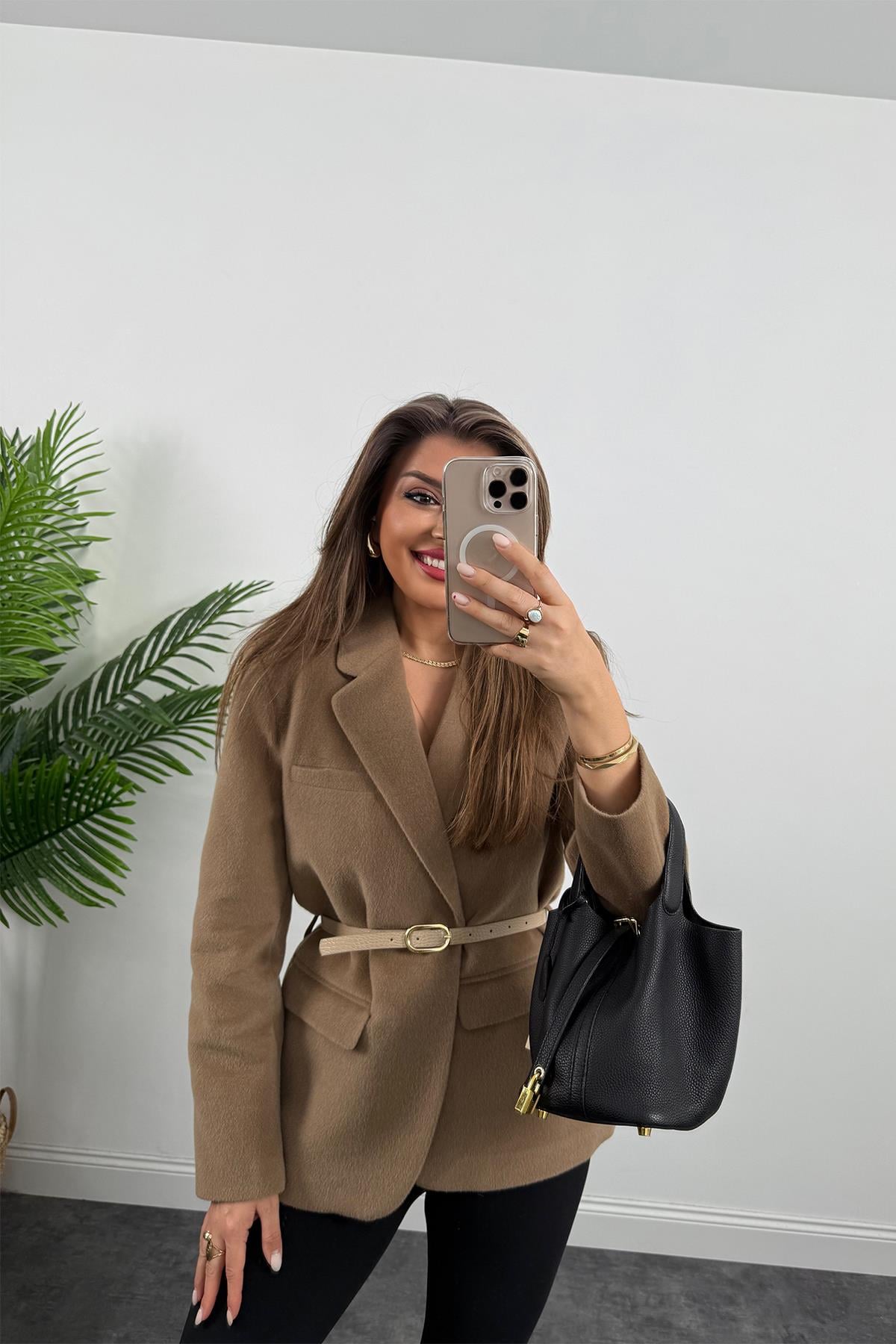 Premium Kalite Tay Tüyü Blazer Koyu Vizon