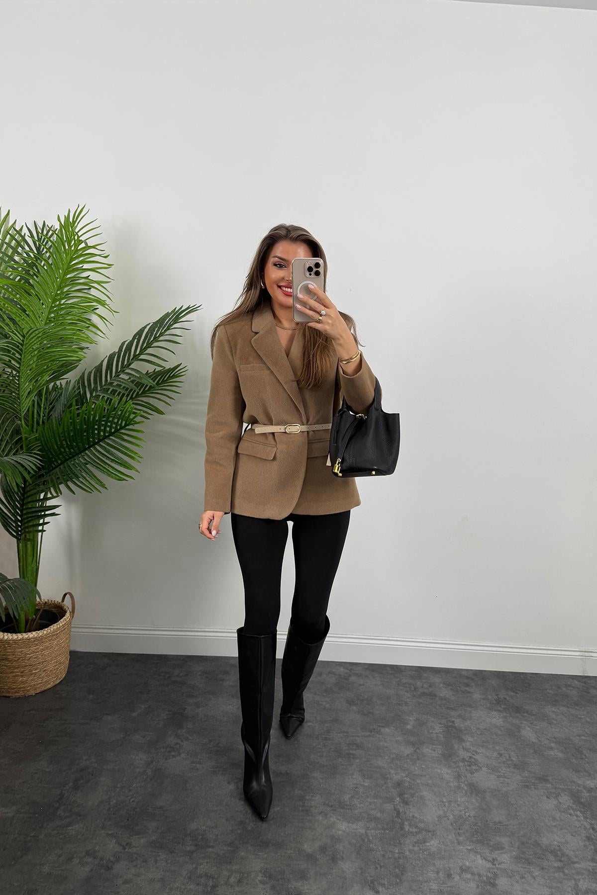 Premium Kalite Tay Tüyü Blazer Koyu Vizon