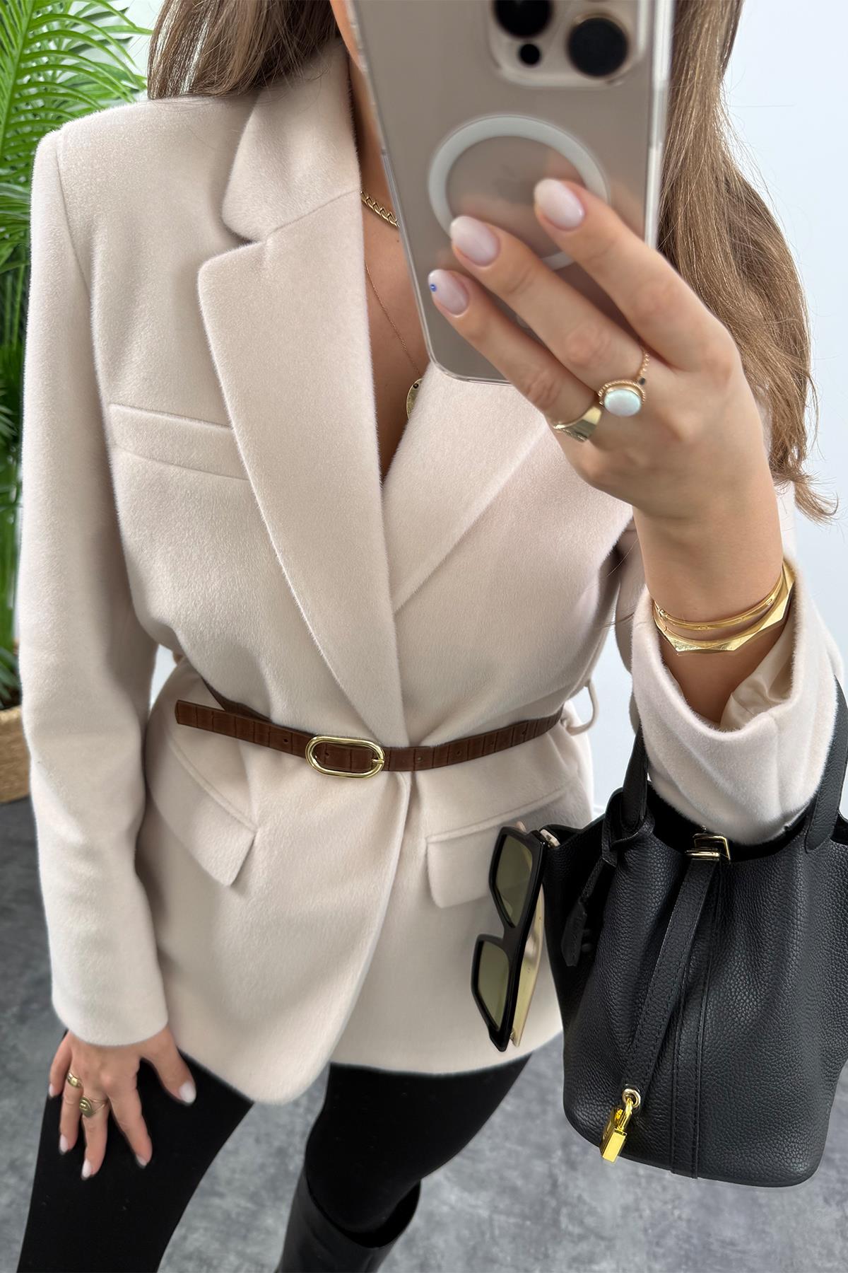 Premium Kalite Tay Tüyü Blazer Kremsi Açık Taş