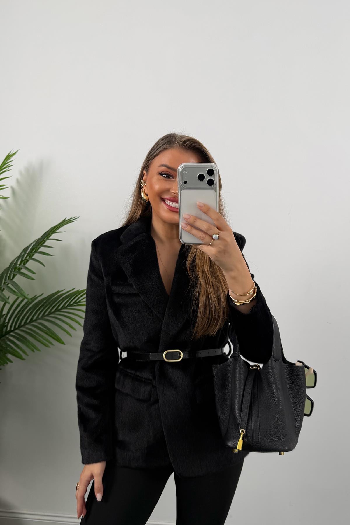 Premium Kalite Tay Tüyü Blazer Siyah 