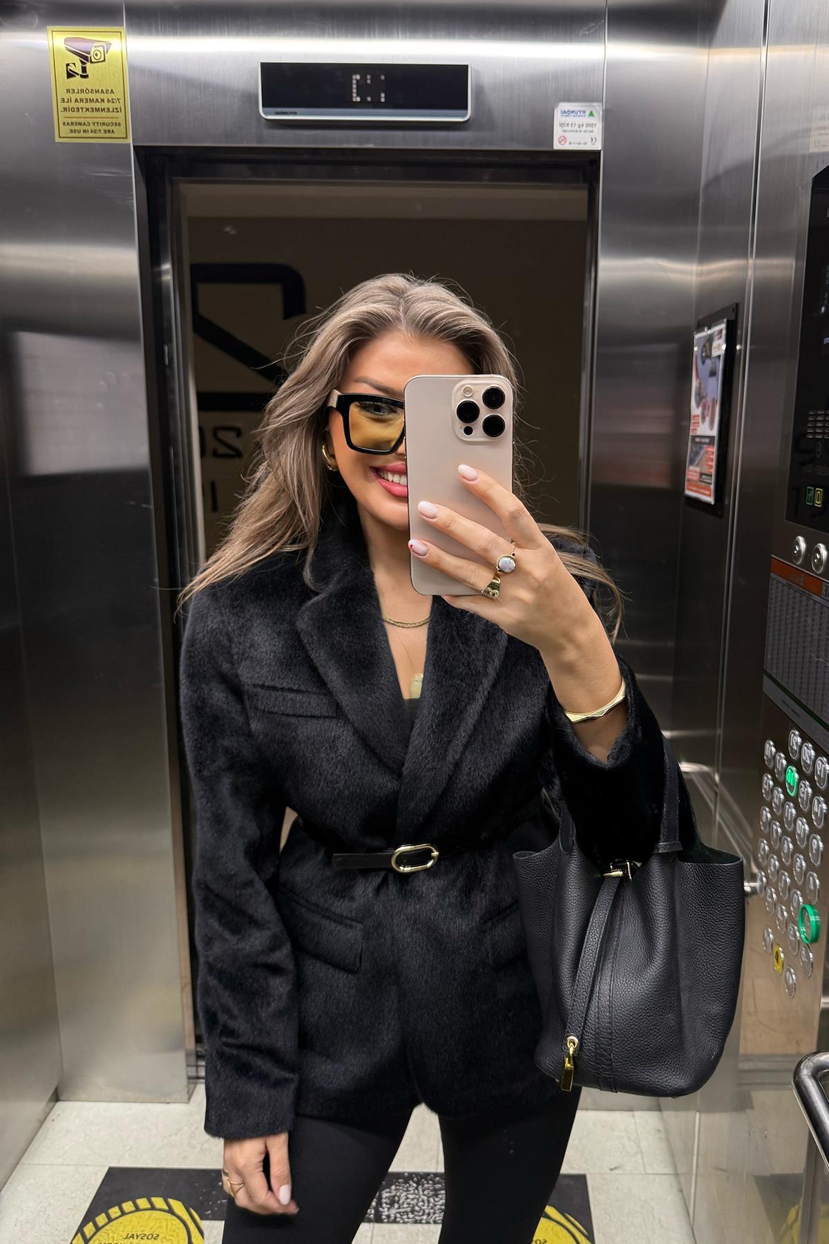 Premium Kalite Tay Tüyü Blazer Siyah 