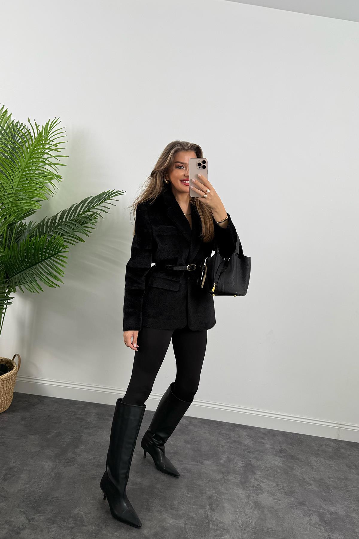 Premium Kalite Tay Tüyü Blazer Siyah 