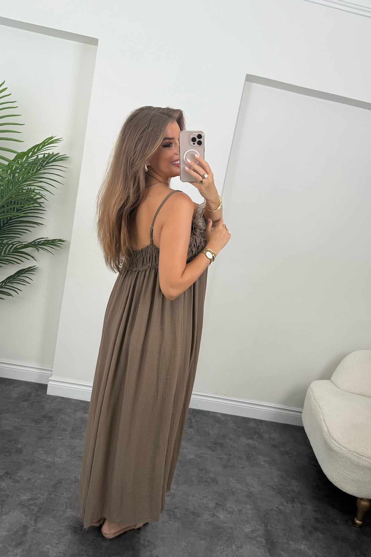 Premium Seri %100 Organik Kumaş Maxi Salaş Elbise Acı Kahve
