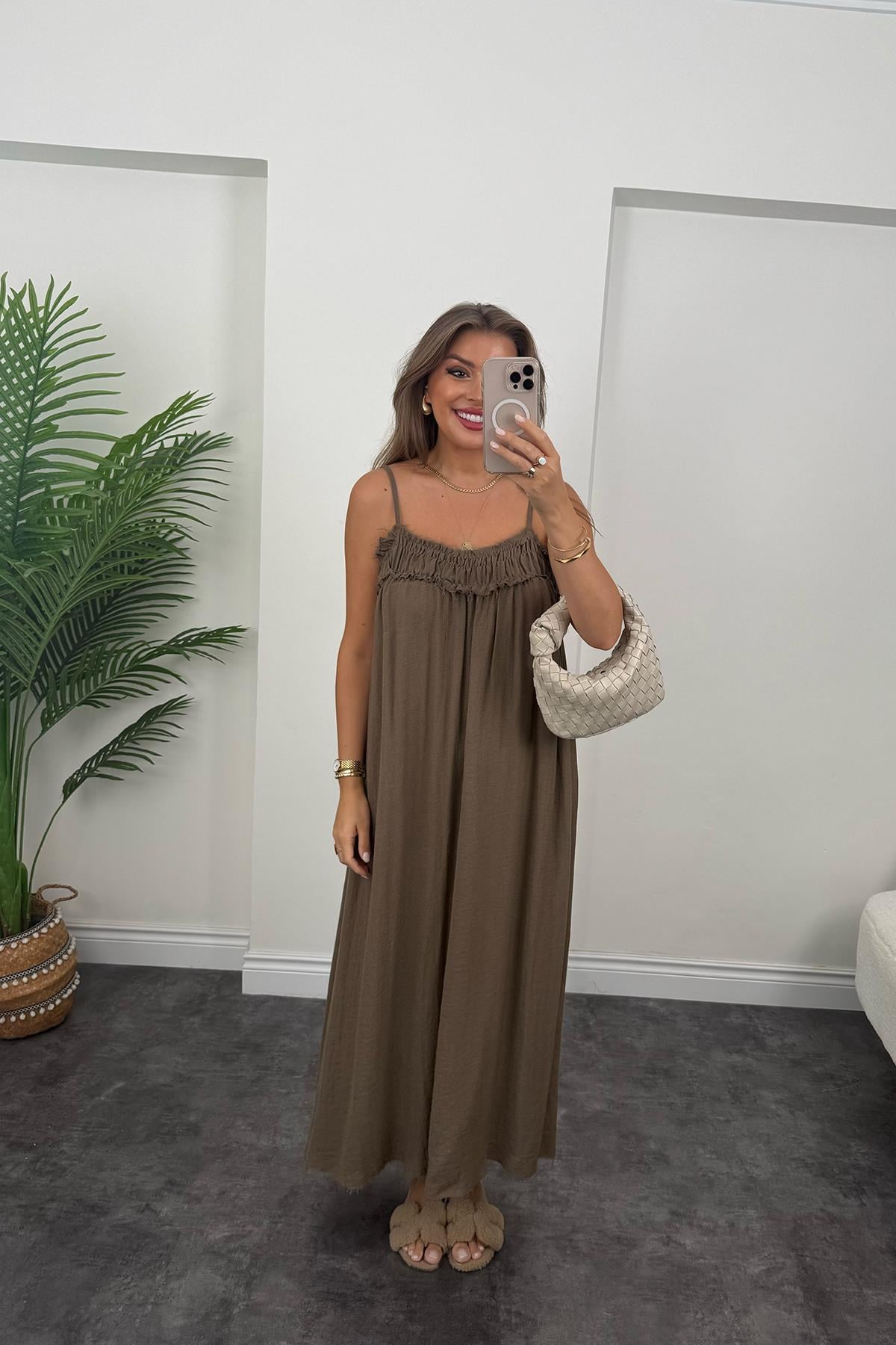 Premium Seri %100 Organik Kumaş Maxi Salaş Elbise Acı Kahve