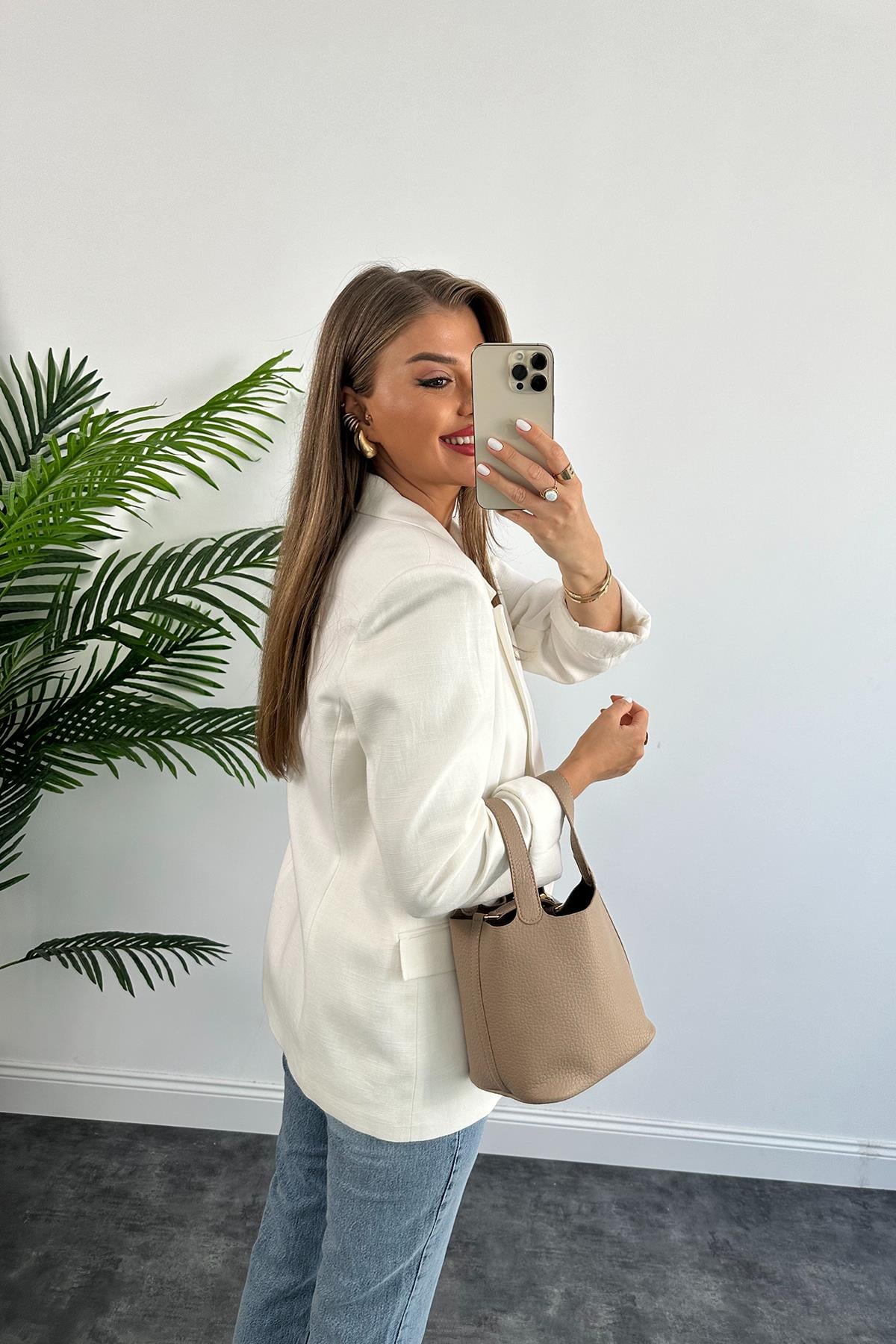 Premium Seri %100 Pamuk Keten Yazlık Blazer Beyaz