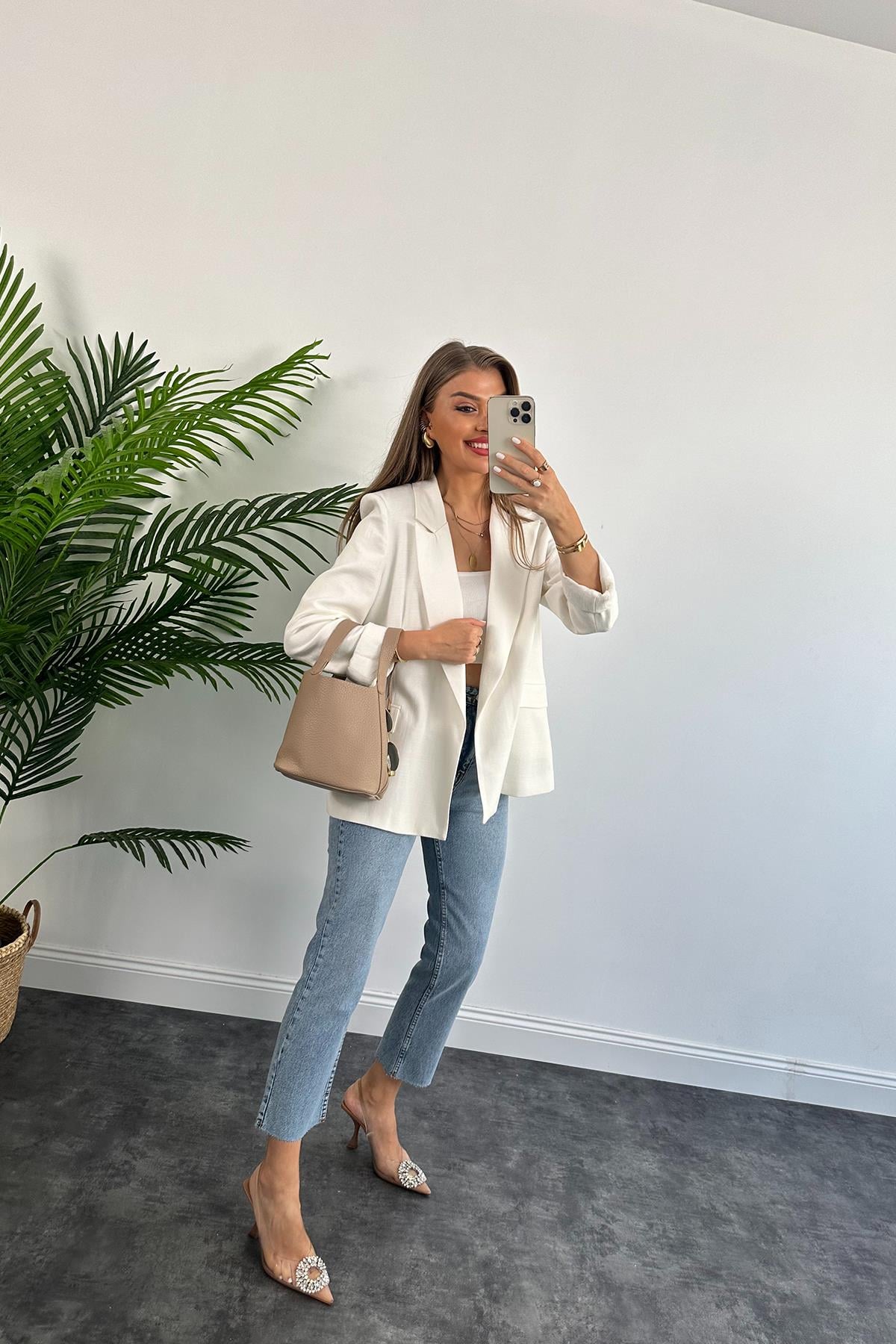 Premium Seri %100 Pamuk Keten Yazlık Blazer Beyaz