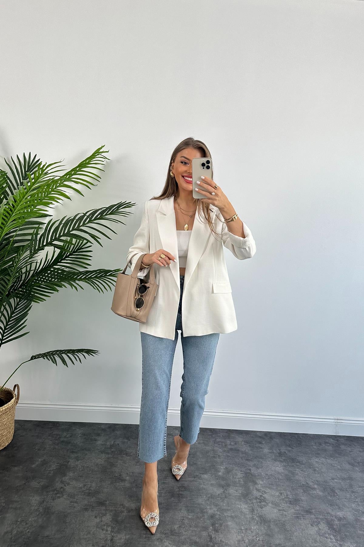 Premium Seri %100 Pamuk Keten Yazlık Blazer Beyaz