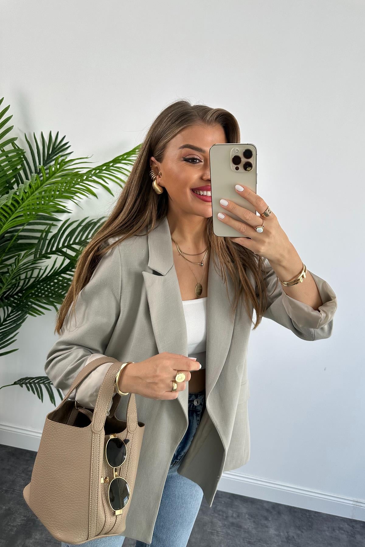 Premium Seri %100 Pamuk Keten Yazlık Blazer Bebek Gri