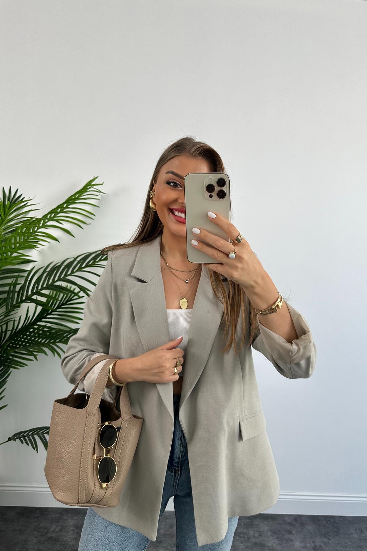 Premium Seri %100 Pamuk Keten Yazlık Blazer Bebek Gri