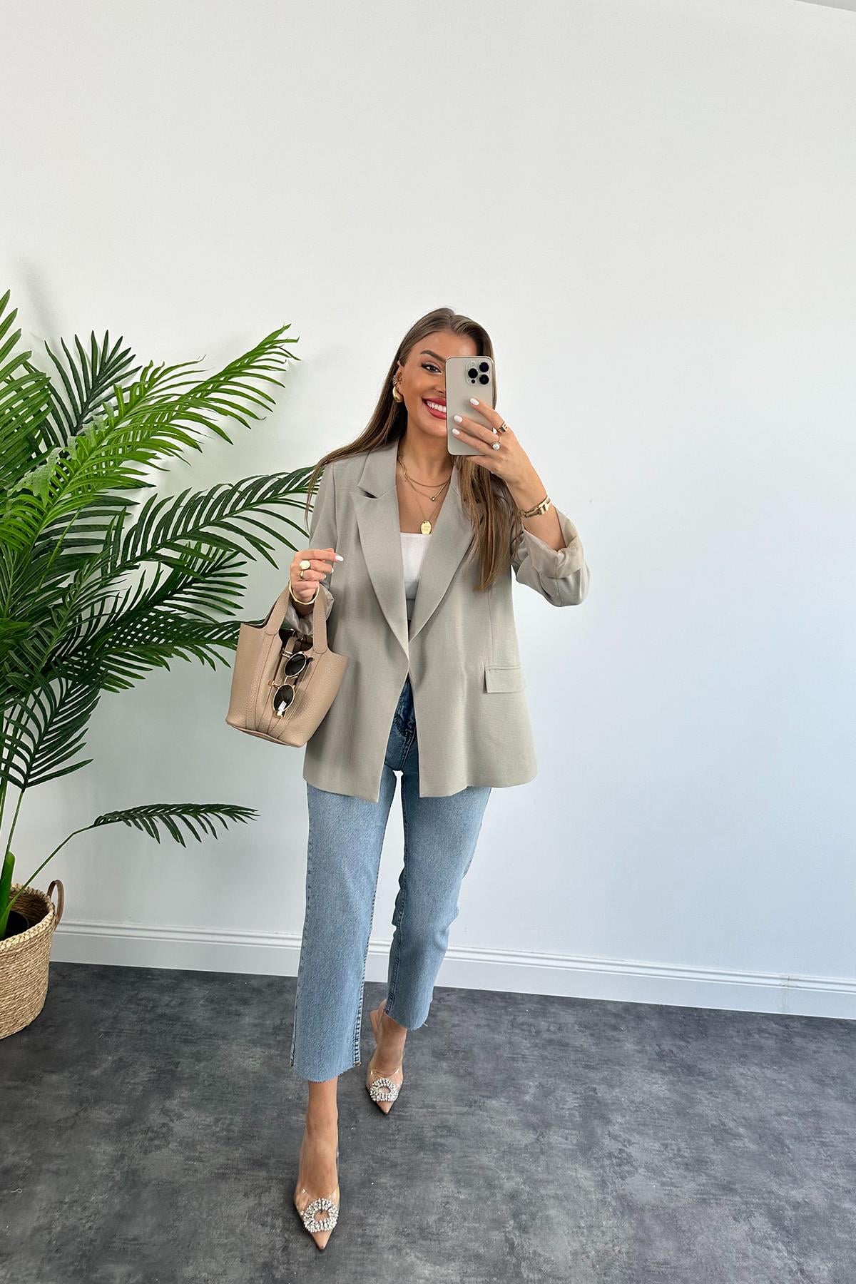 Premium Seri %100 Pamuk Keten Yazlık Blazer Bebek Gri