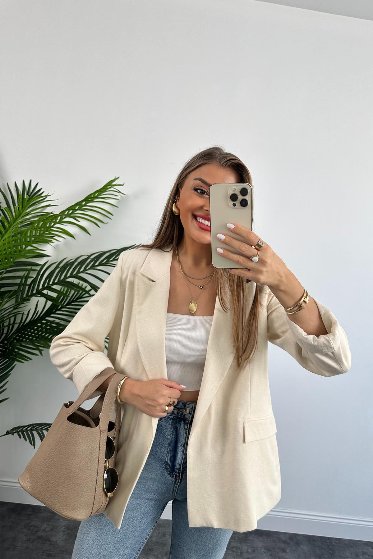 Premium Seri %100 Pamuk Keten Yazlık Blazer Taş