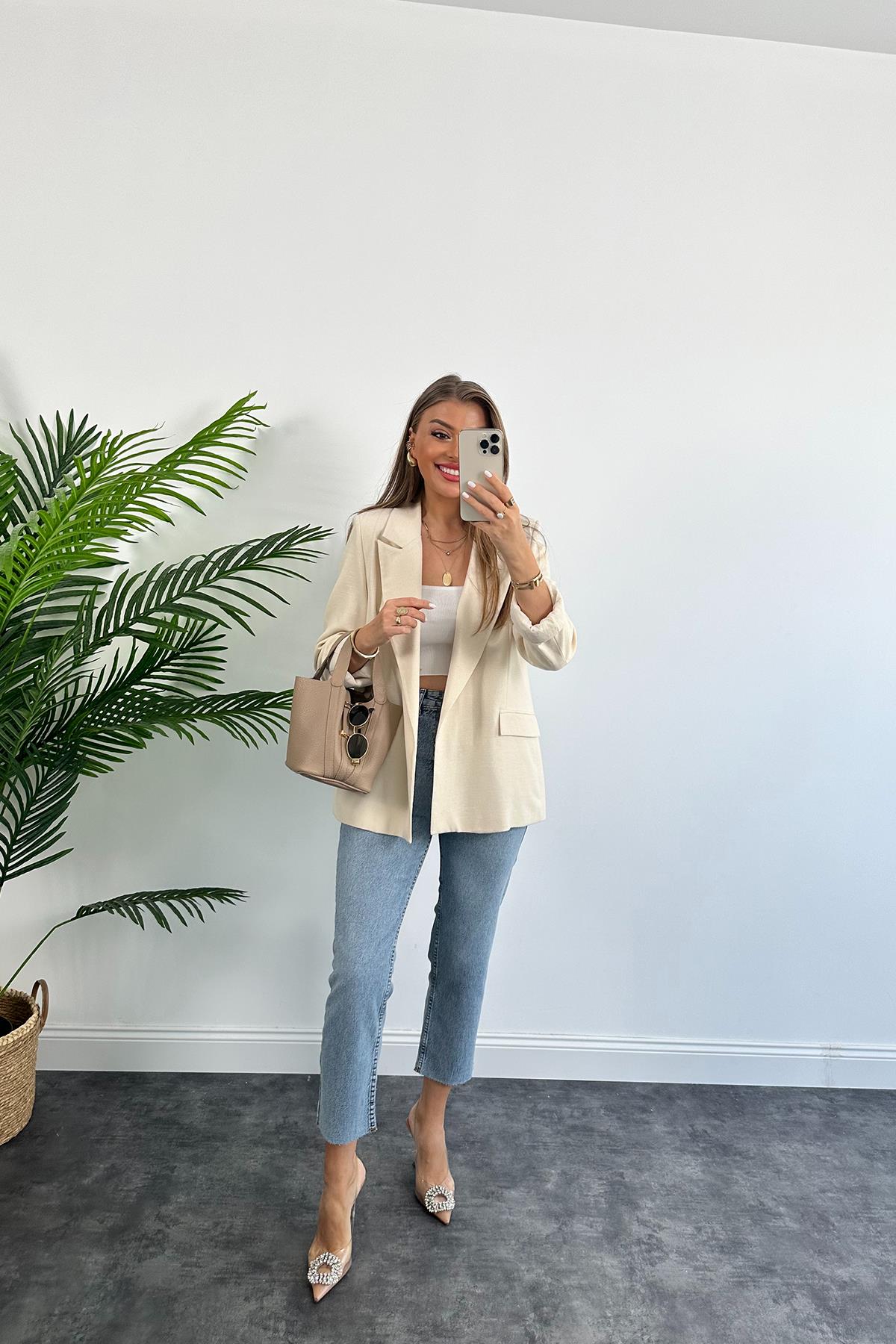 Premium Seri %100 Pamuk Keten Yazlık Blazer Taş
