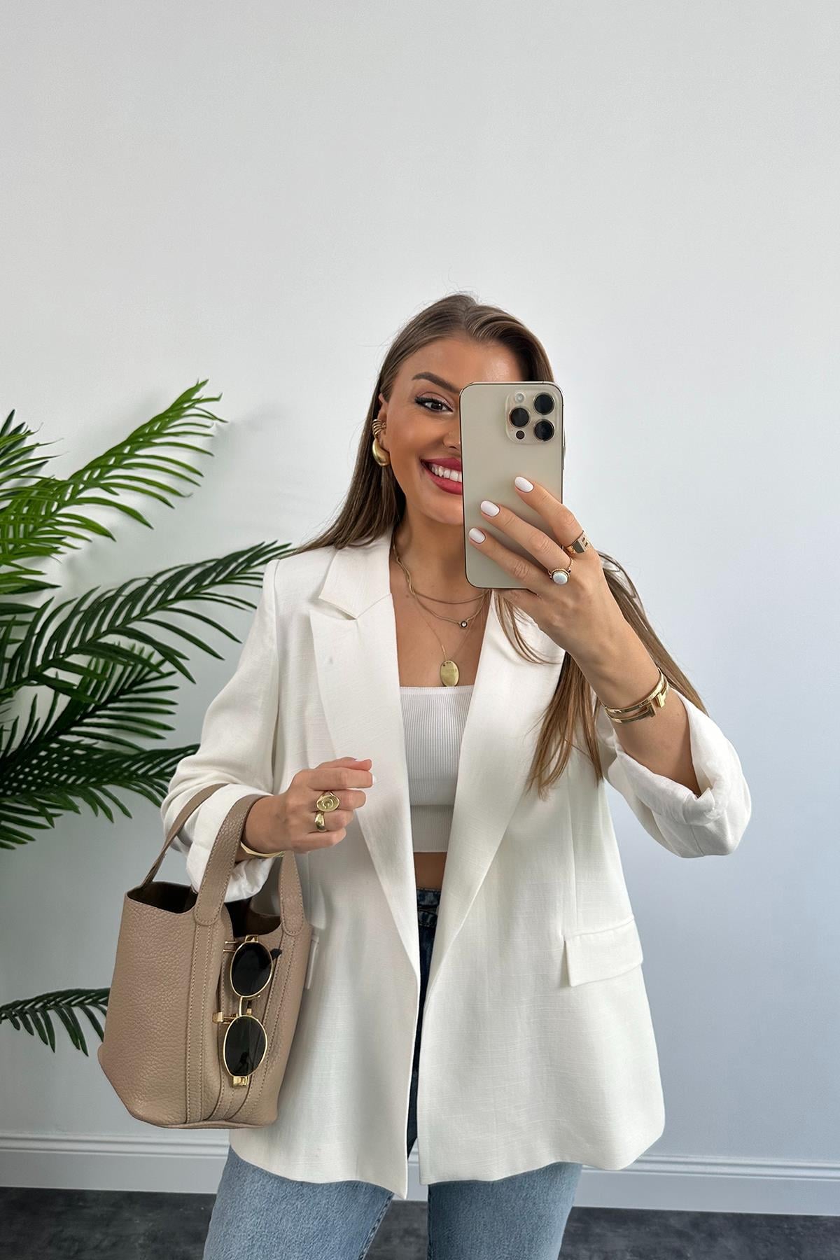 Premium Seri %100 Pamuk Keten Yazlık Blazer Beyaz